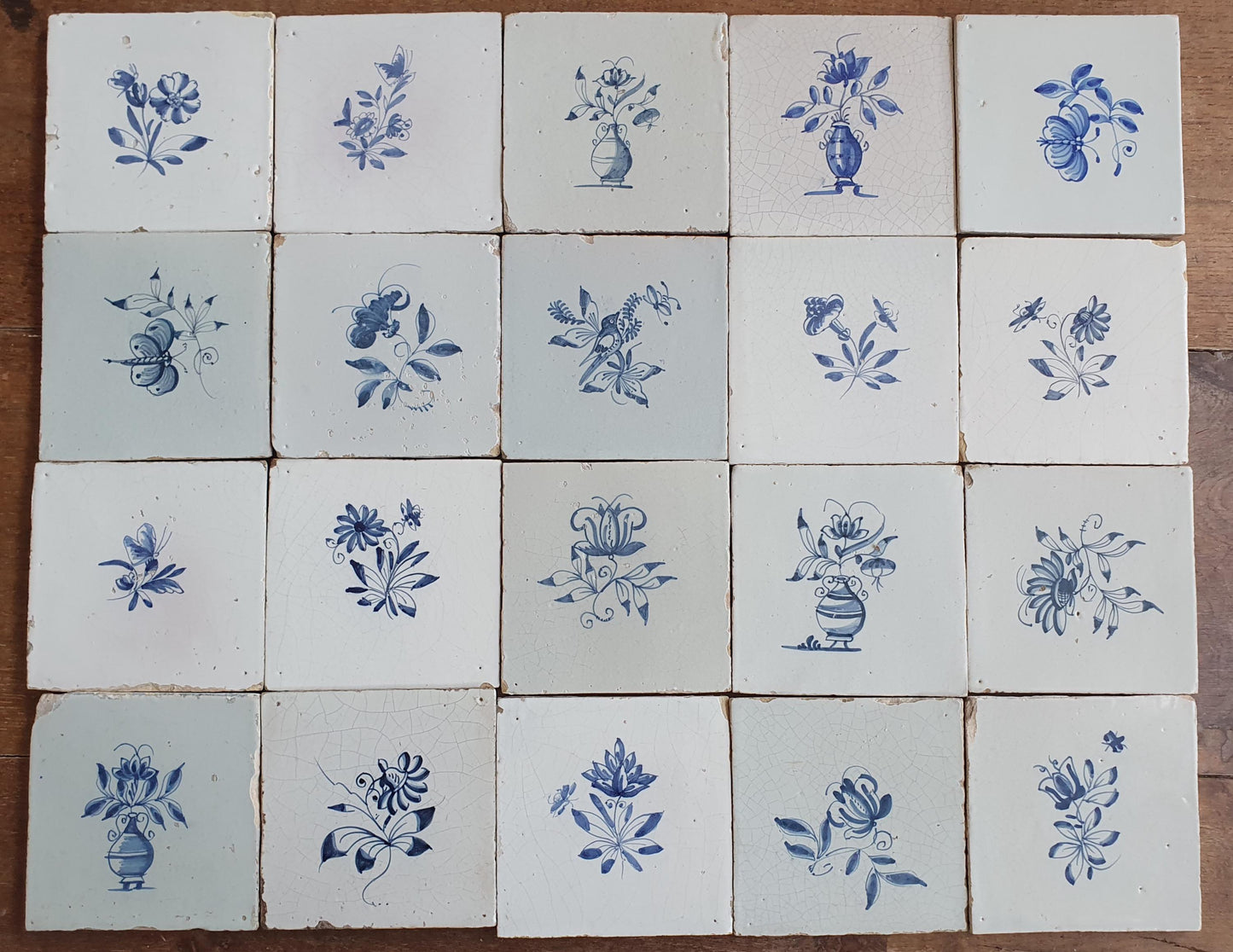 20 x Antique Delft Tiles, 18th Century, Floral Blue Flowers, planttile.