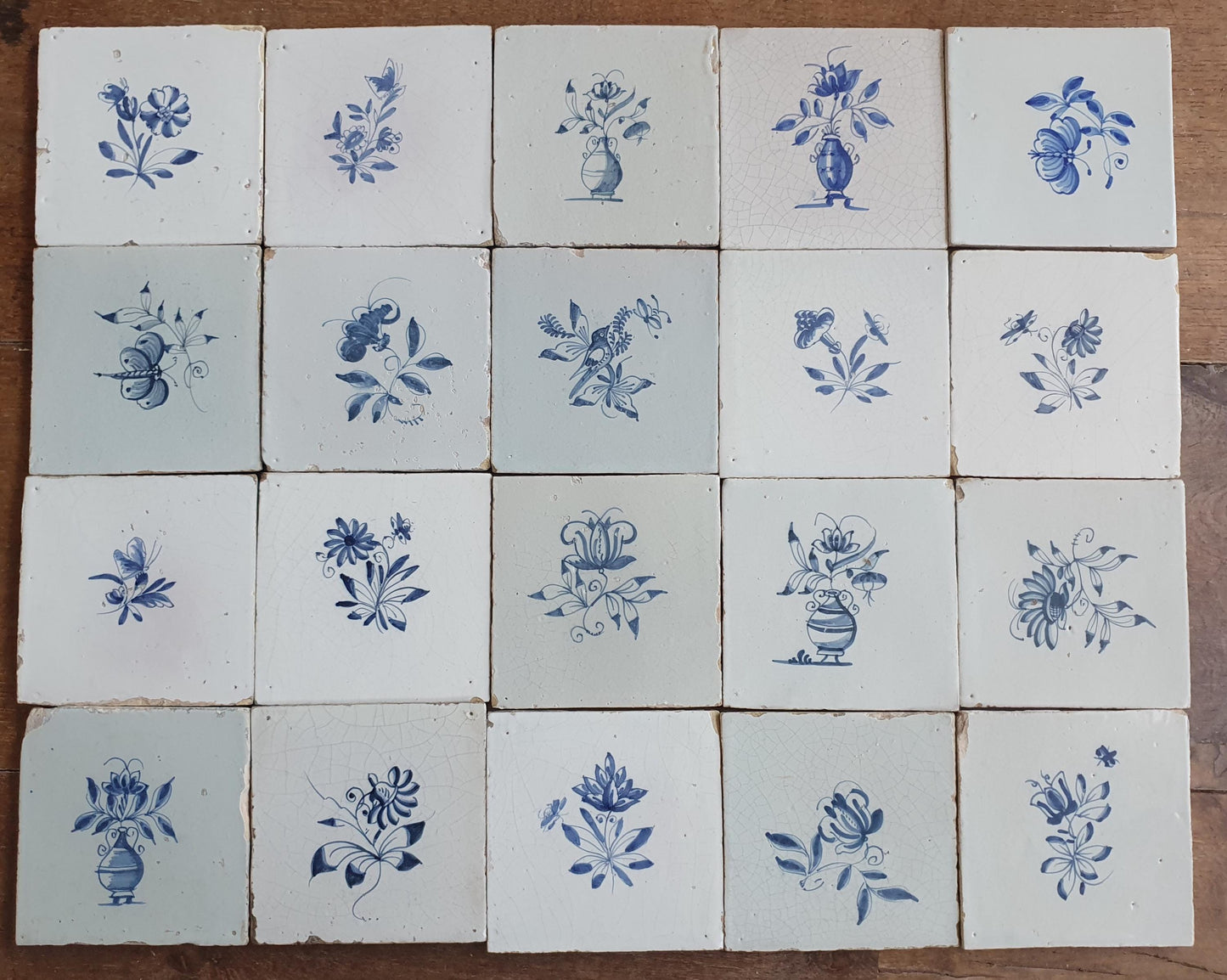20 x Antique Delft Tiles, 18th Century, Floral Blue Flowers, planttile.