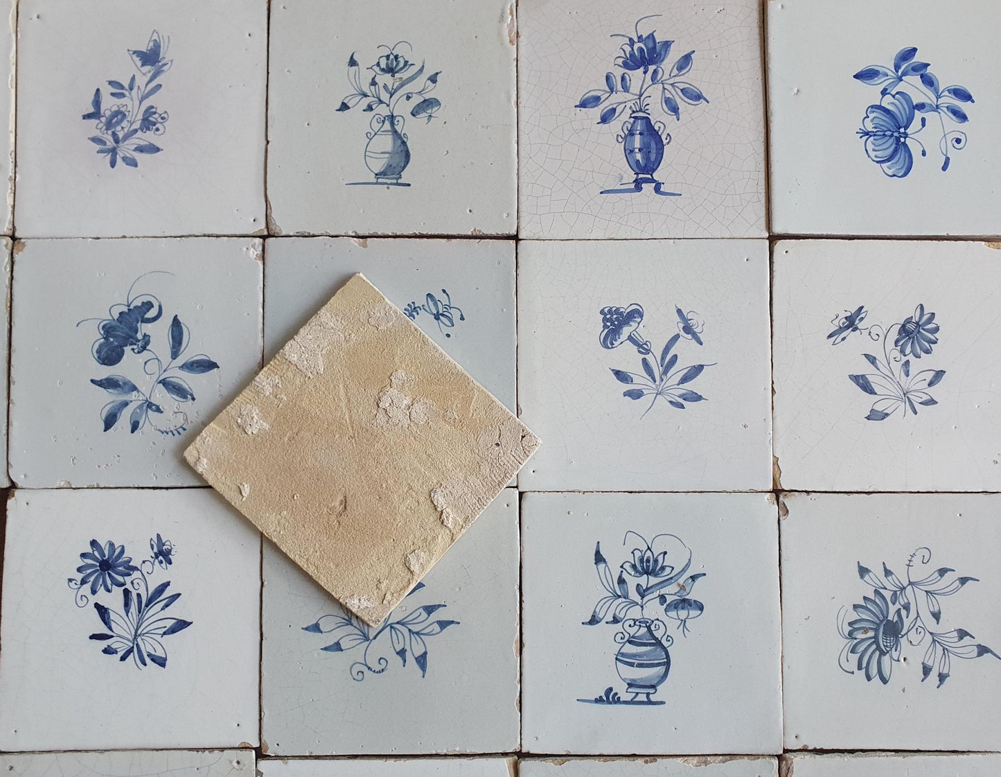 20 x Antique Delft Tiles, 18th Century, Floral Blue Flowers, planttile.
