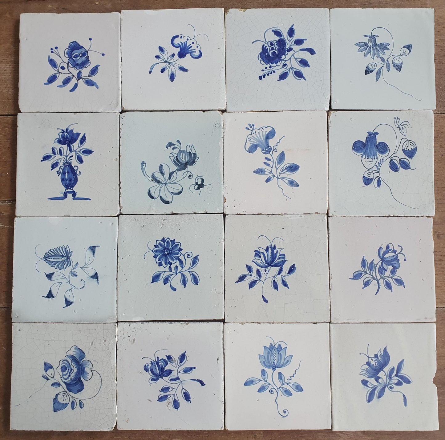 16 x Antique Delft Tiles, 18th Century, Floral Blue Flowers, planttile.