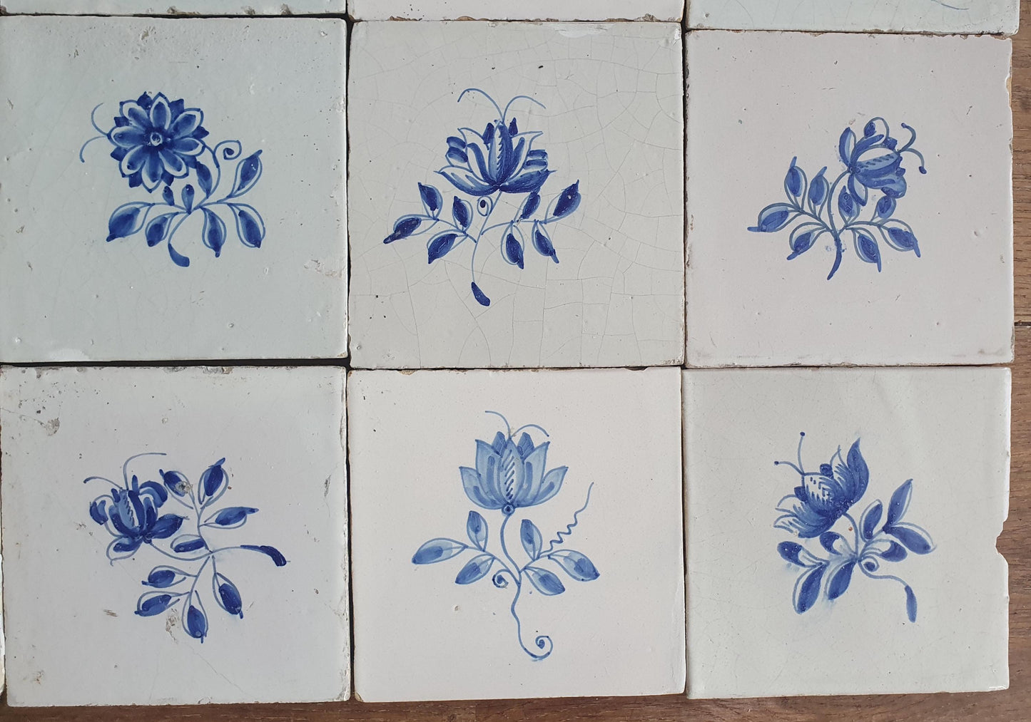 16 x Antique Delft Tiles, 18th Century, Floral Blue Flowers, planttile.