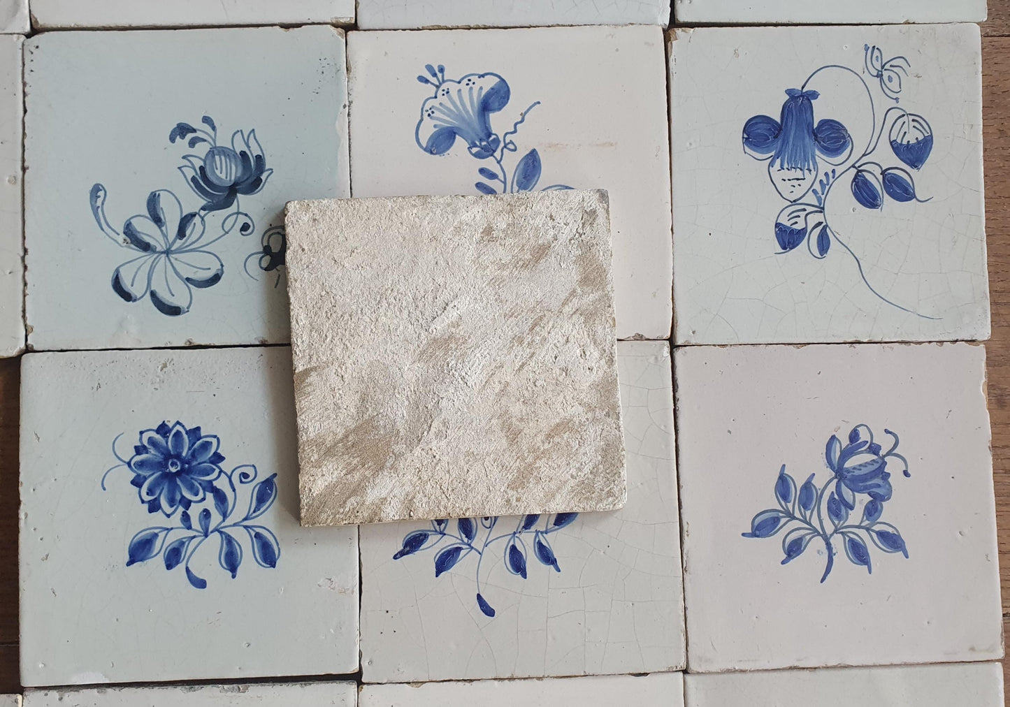 16 x Antique Delft Tiles, 18th Century, Floral Blue Flowers, planttile.