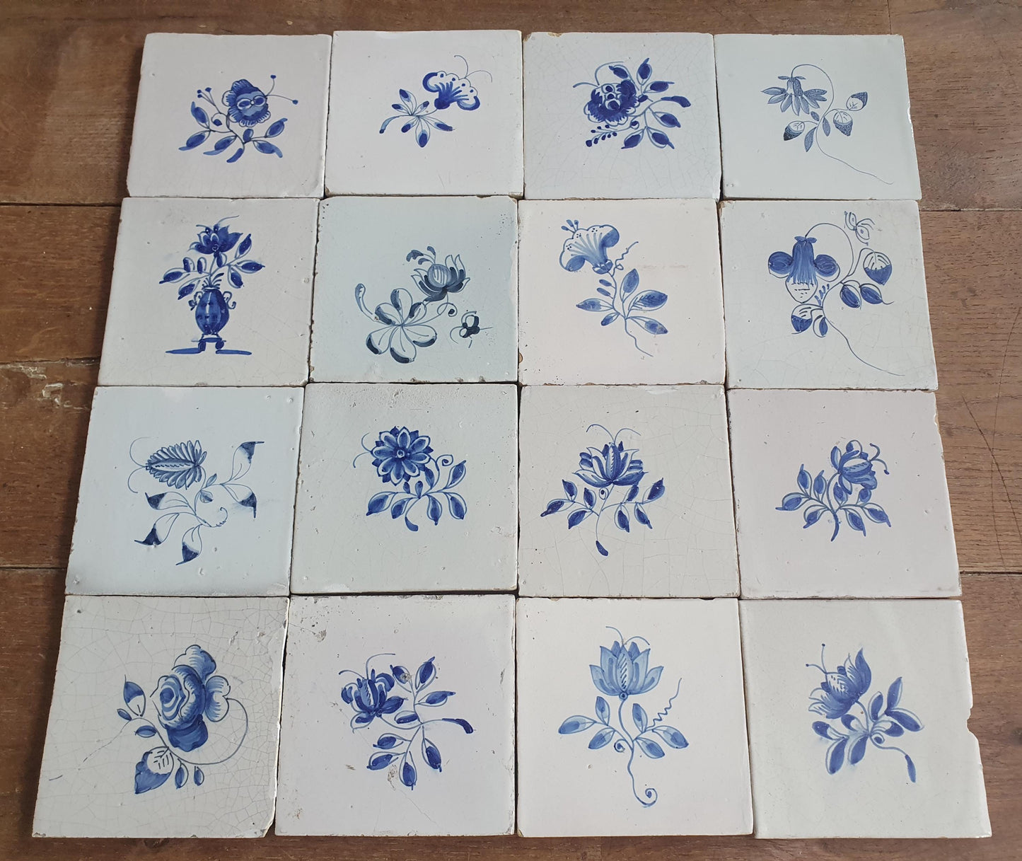 16 x Antique Delft Tiles, 18th Century, Floral Blue Flowers, planttile.