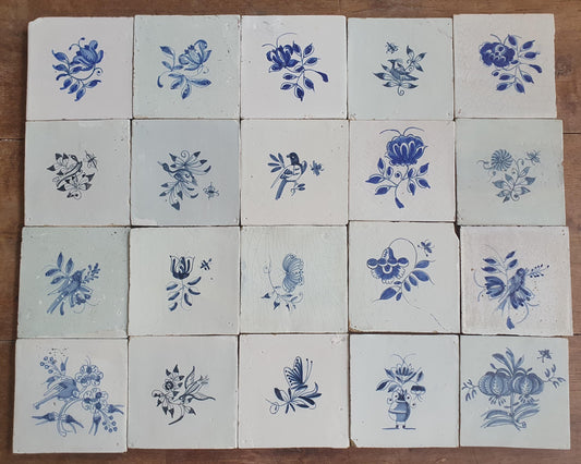 20 x Antique Delft Tiles, 18th Century, Floral Blue Flowers, planttile.
