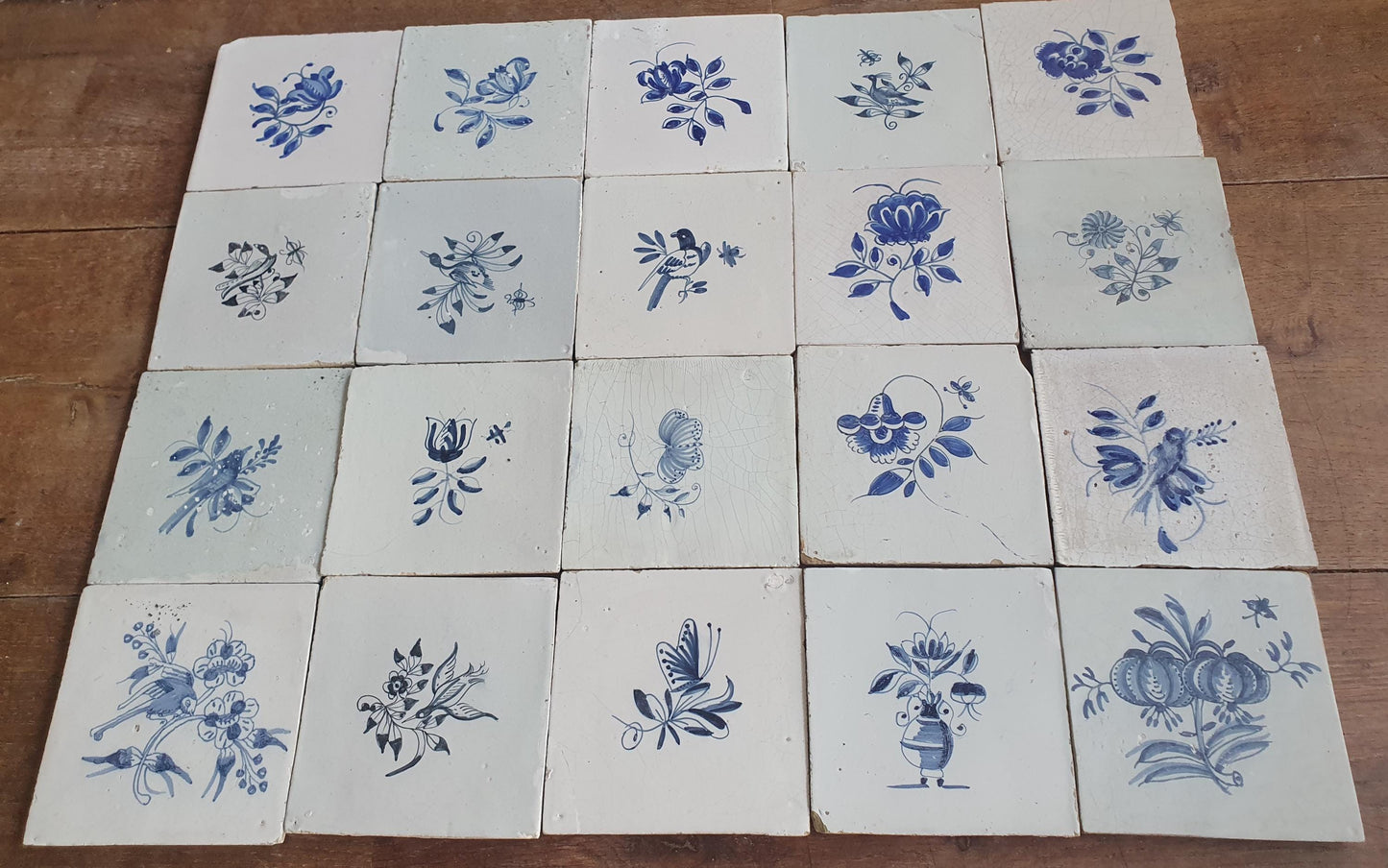 20 x Antique Delft Tiles, 18th Century, Floral Blue Flowers, planttile.
