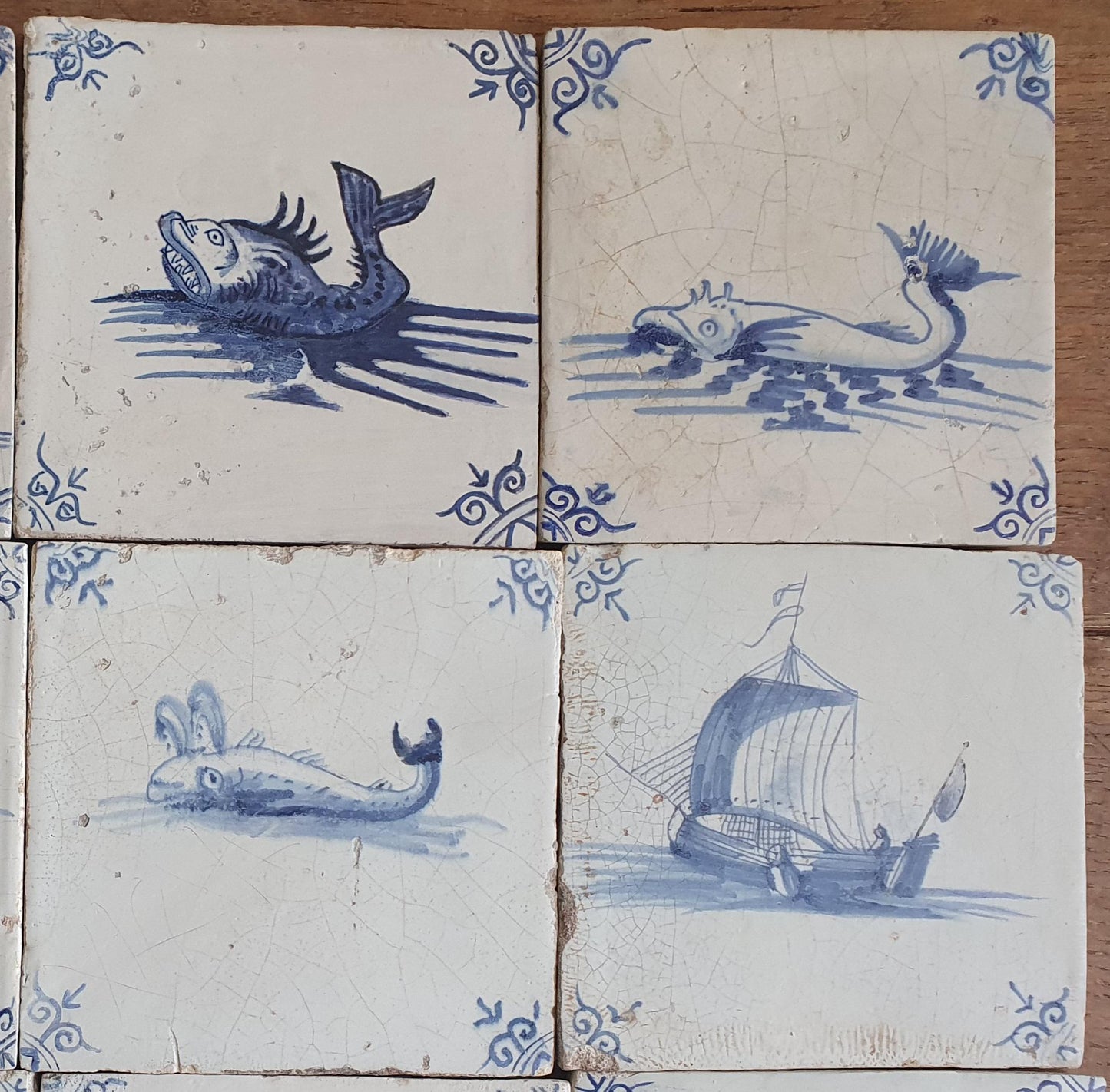 16 x Antique Delft Mermaid Tiles, 17th Century Dutch Seascape, Set of 16