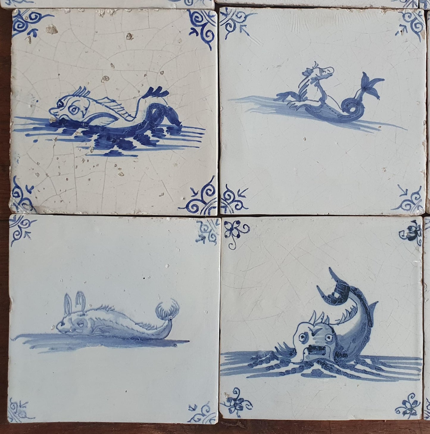 16 x Antique Delft Mermaid Tiles, 17th Century Dutch Seascape, Set of 16