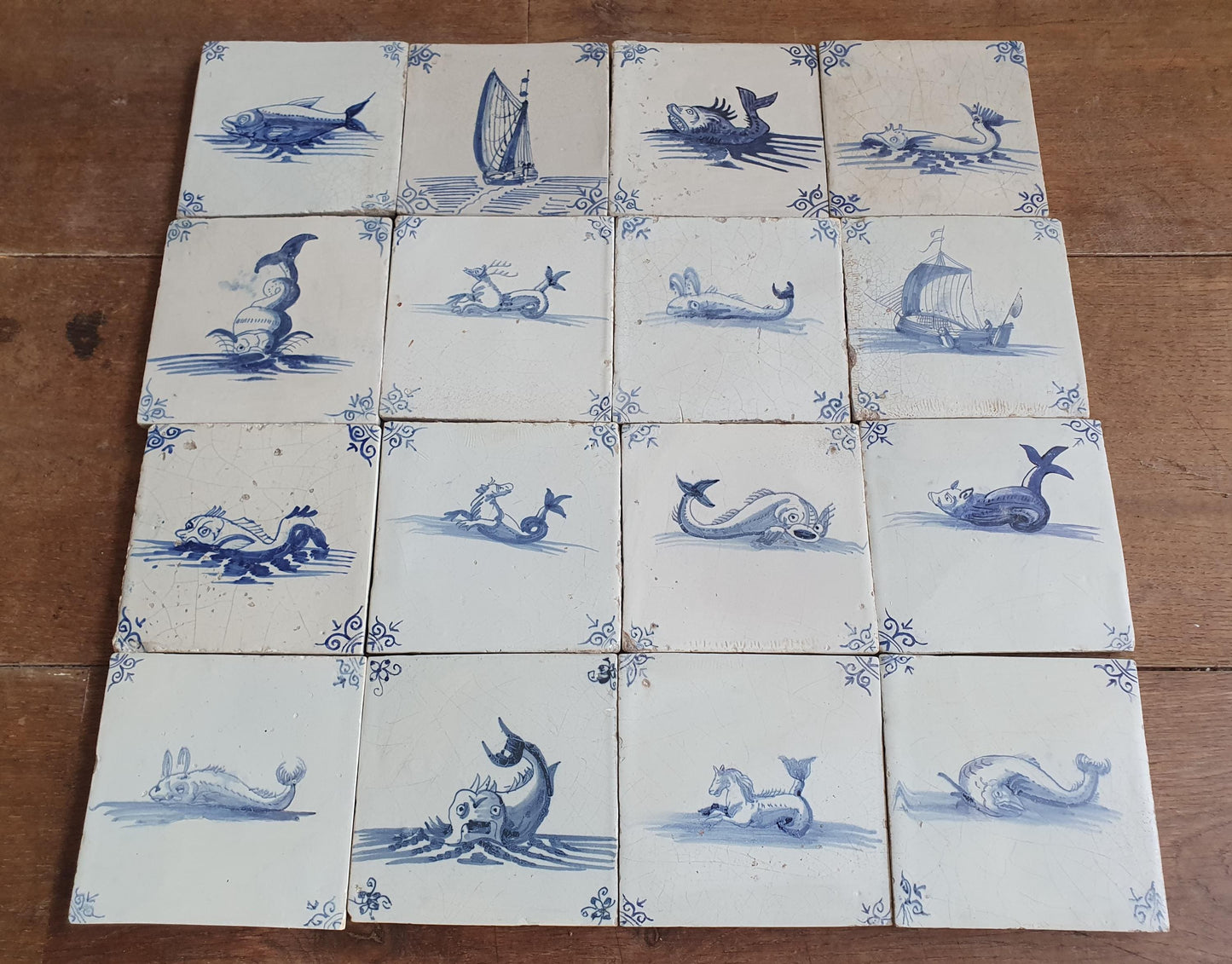 16 x Antique Delft Mermaid Tiles, 17th Century Dutch Seascape, Set of 16
