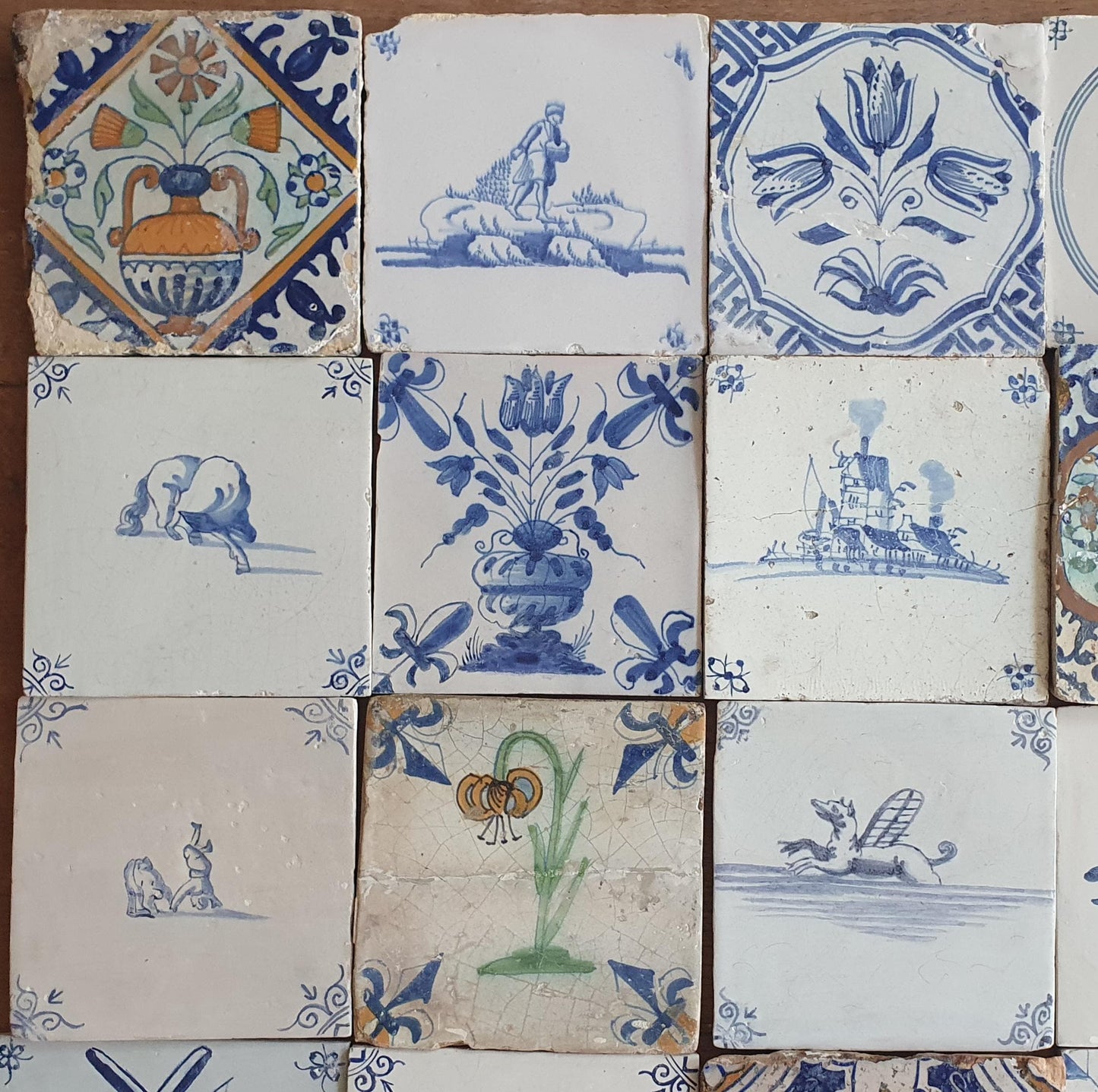 25 x Dutch Delft Blue Tile shards, mix, 17th century, antique collectable and backsplash fireplace kitchen tiles.