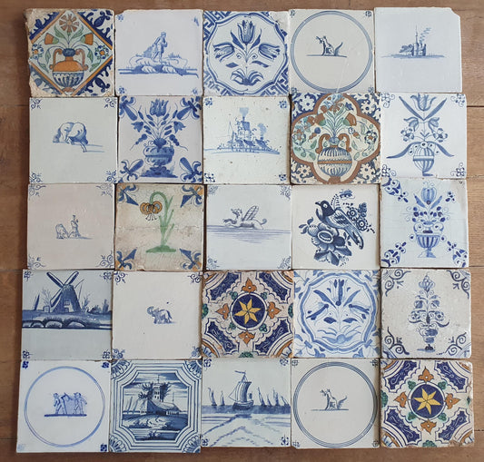 25 x Dutch Delft Blue Tile shards, mix, 17th century, antique collectable and backsplash fireplace kitchen tiles.