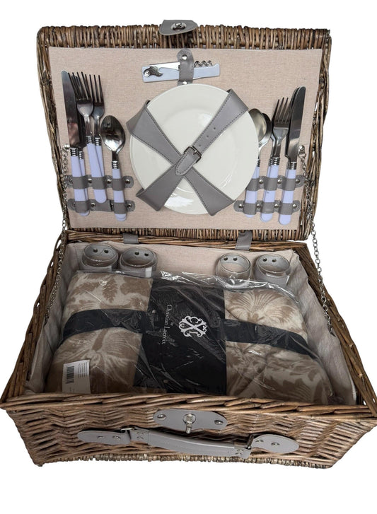 Vintage 4 Person Wicker Picnic Hamper, incl.  Lacroix Arabesque Plaid, porcelain plates, glasses etc