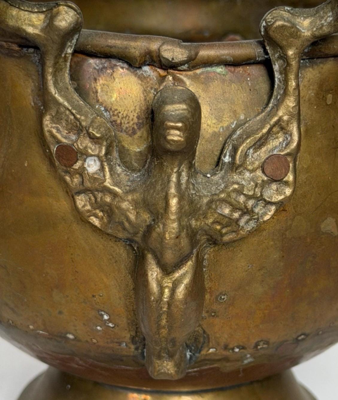 Antique Pair of Art Nouveau Cachepots with Mythical Winged Siren Handles c.1900–1920, set planters in red and yellow copper and brass