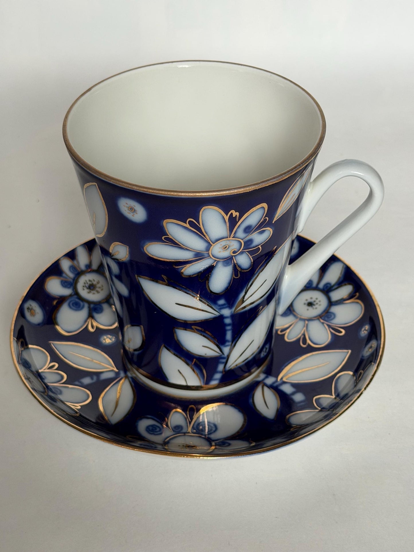 A set of 2 Vintage Lomonosov Large Cup and Saucer Cobalt Blue White Flowers 22K Gold porcelain, chocolate, tea cup xl