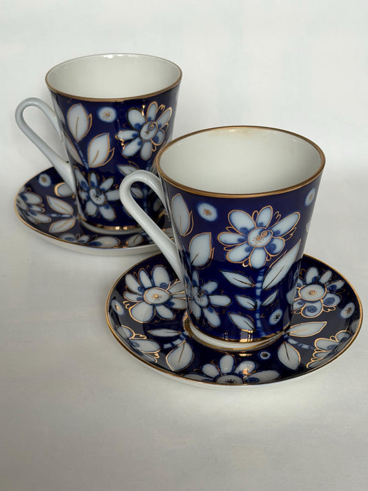 A set of 2 Vintage Lomonosov Large Cup and Saucer Cobalt Blue White Flowers 22K Gold porcelain, chocolate, tea cup xl