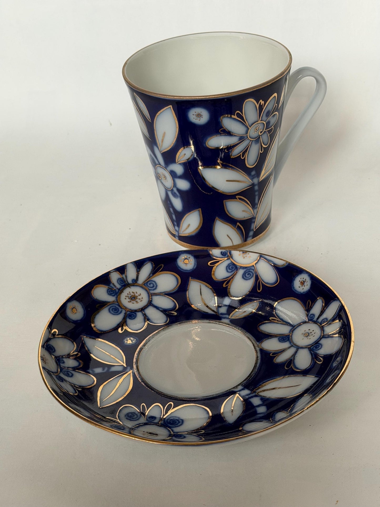 A set of 2 Vintage Lomonosov Large Cup and Saucer Cobalt Blue White Flowers 22K Gold porcelain, chocolate, tea cup xl