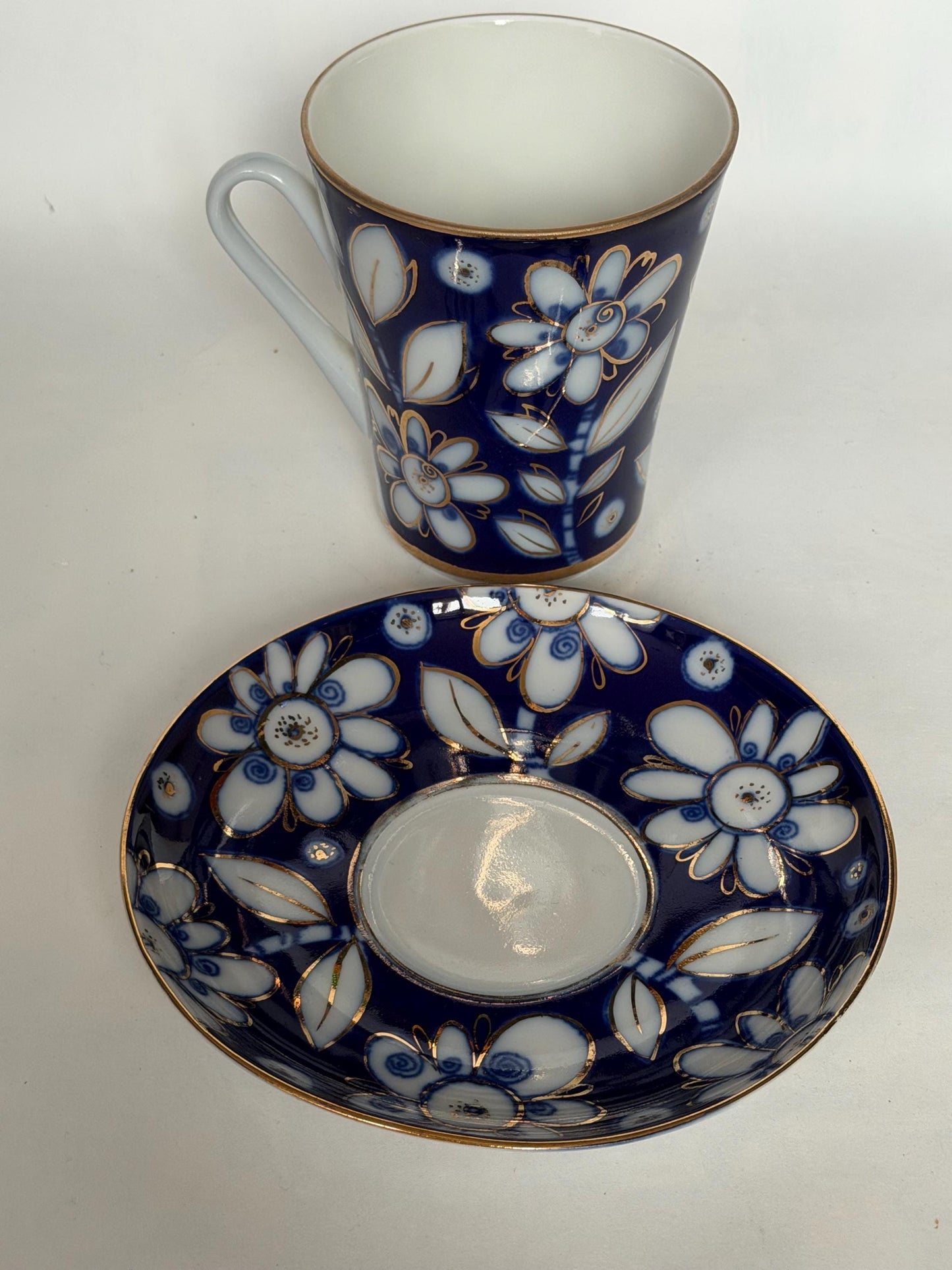 A set of 2 Vintage Lomonosov Large Cup and Saucer Cobalt Blue White Flowers 22K Gold porcelain, chocolate, tea cup xl