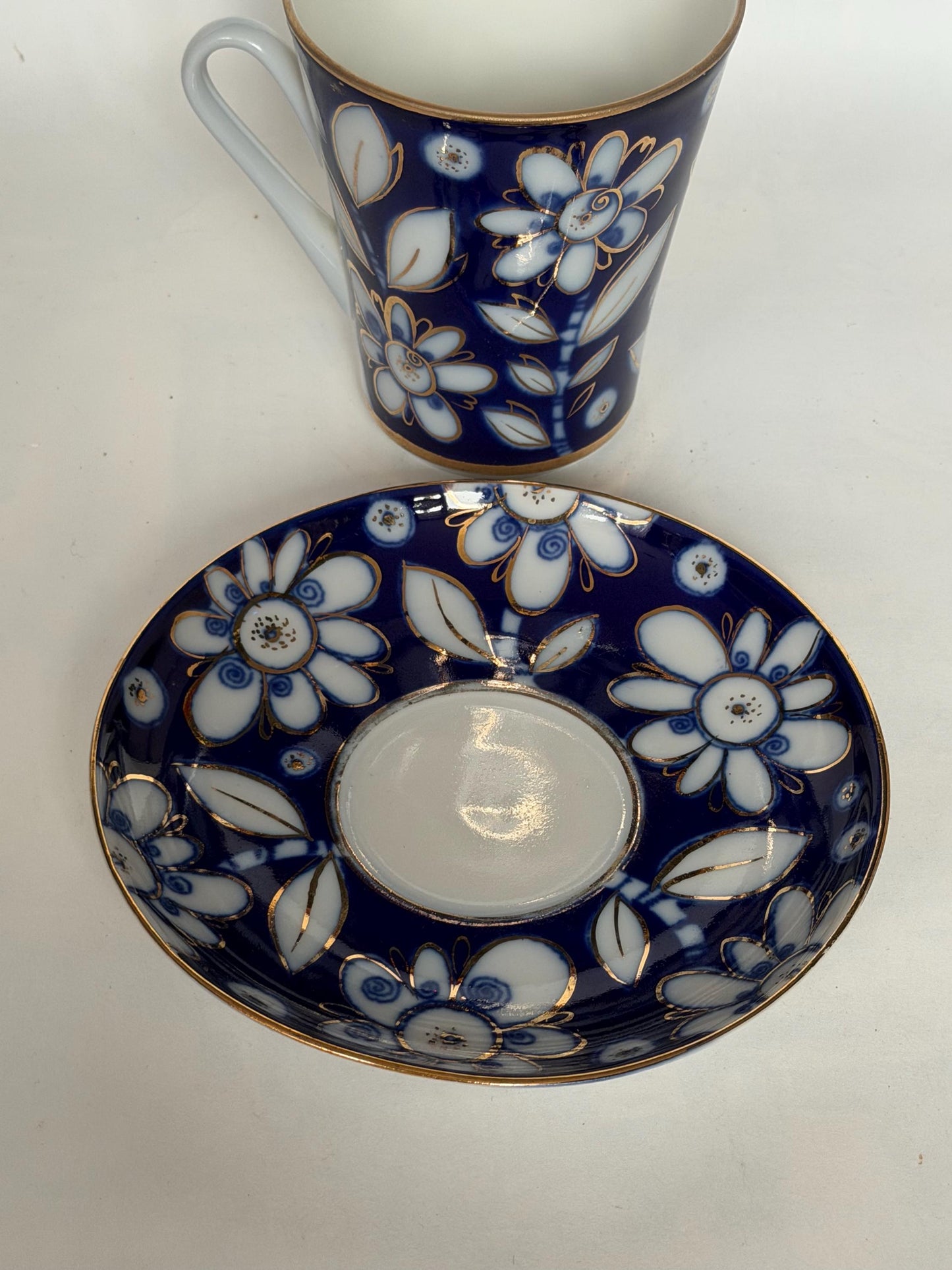 A set of 2 Vintage Lomonosov Large Cup and Saucer Cobalt Blue White Flowers 22K Gold porcelain, chocolate, tea cup xl