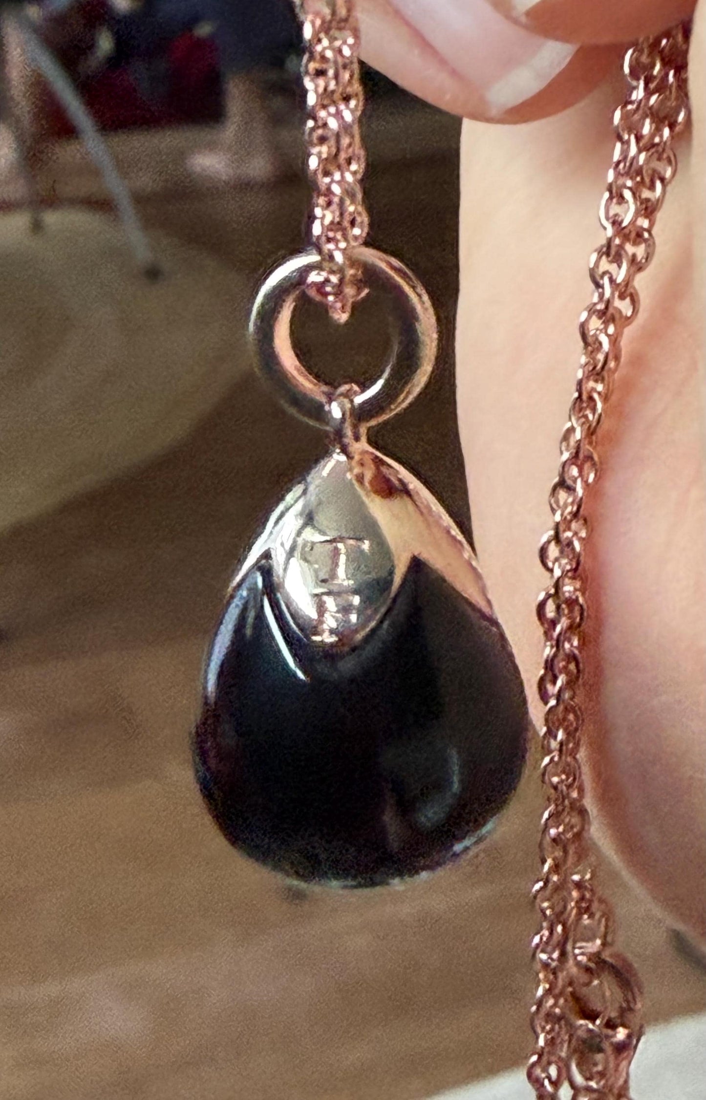 FABERGE Sterling Silver Rose Gold Charm necklace with onyx black pendant, Fabergé