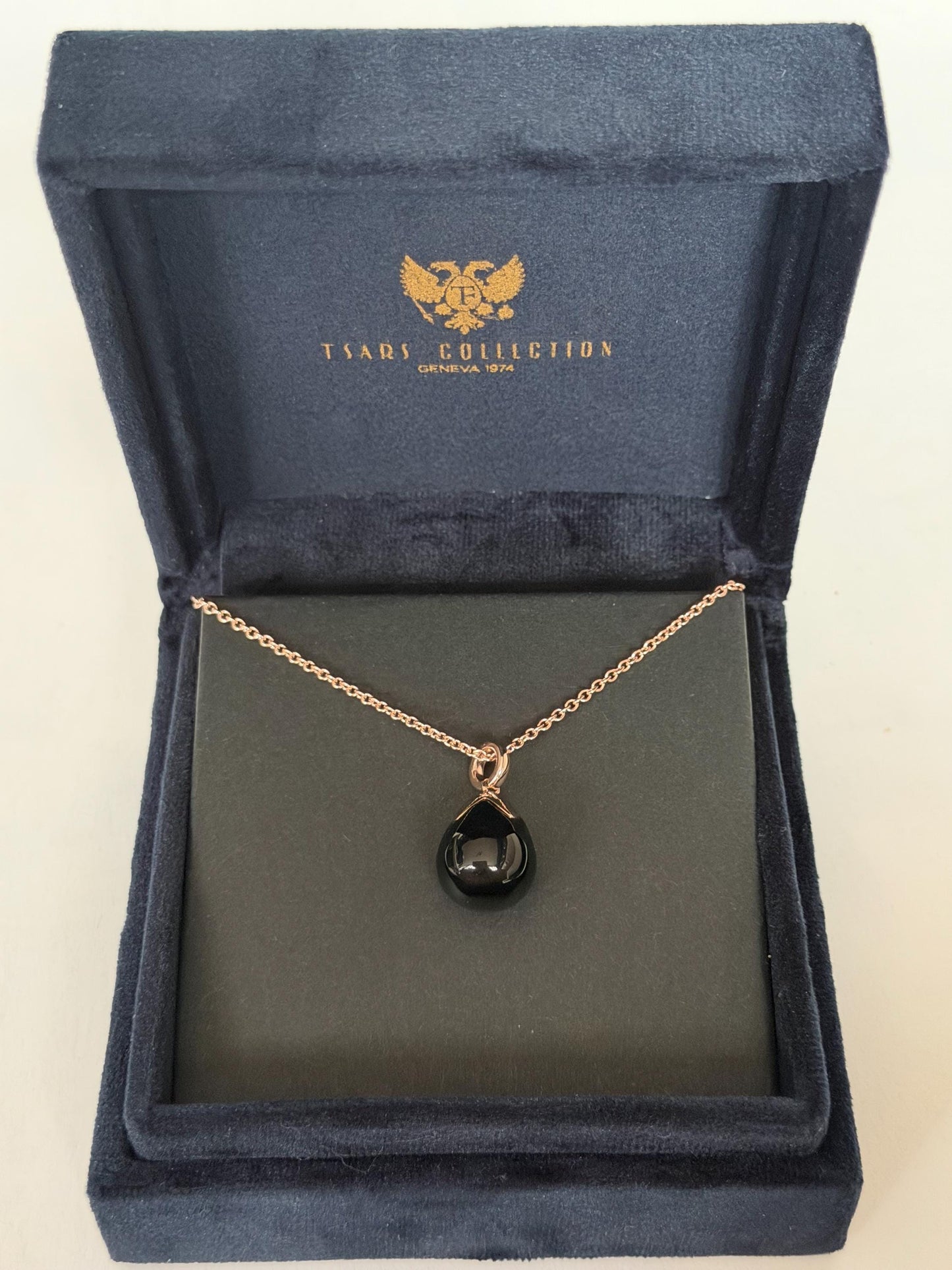 FABERGE Sterling Silver Rose Gold Charm necklace with onyx black pendant, Fabergé