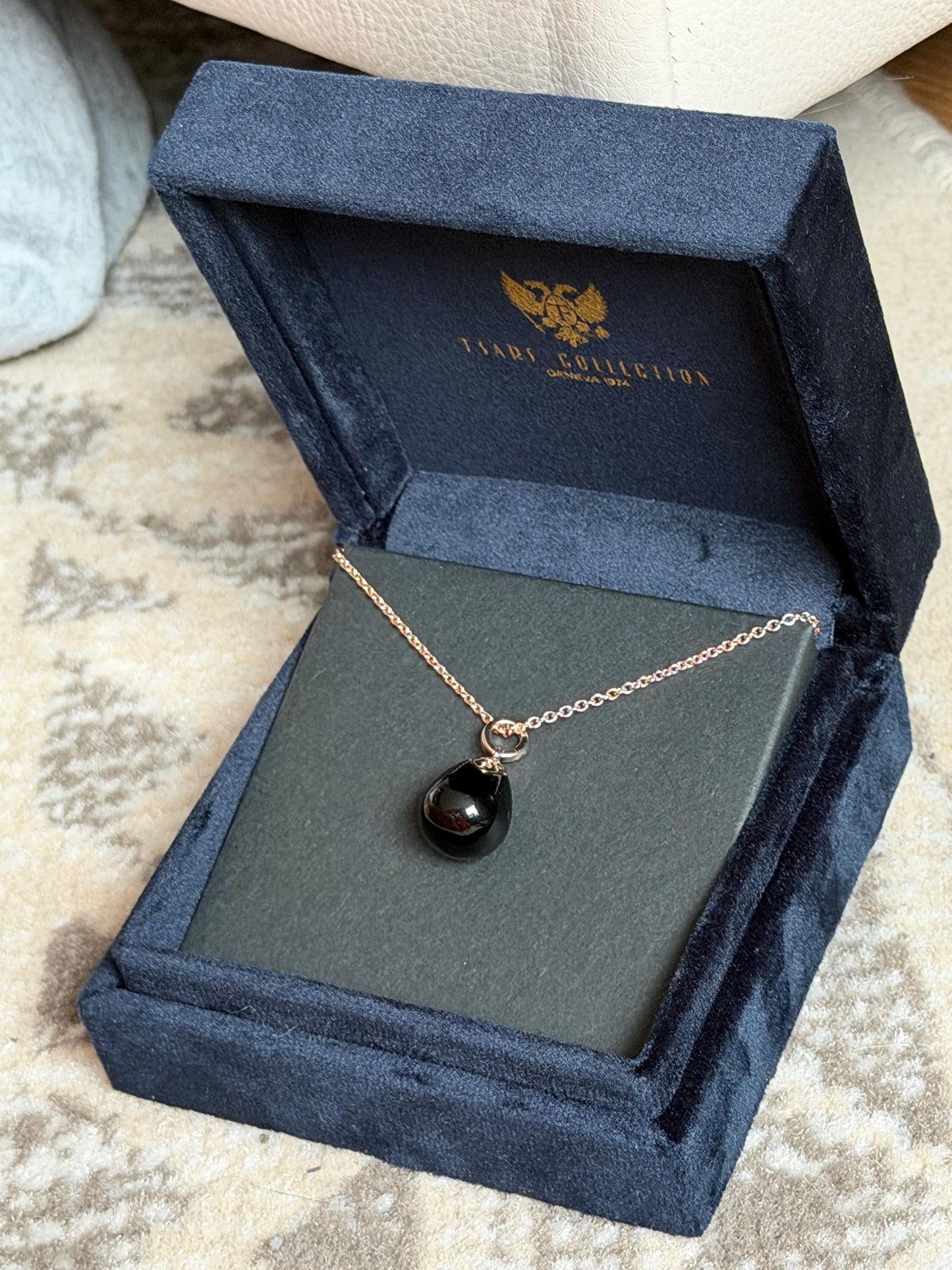 FABERGE Sterling Silver Rose Gold Charm necklace with onyx black pendant, Fabergé