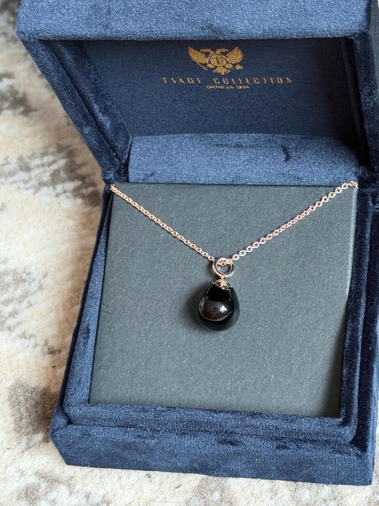 FABERGE Sterling Silver Rose Gold Charm necklace with onyx black pendant, Fabergé