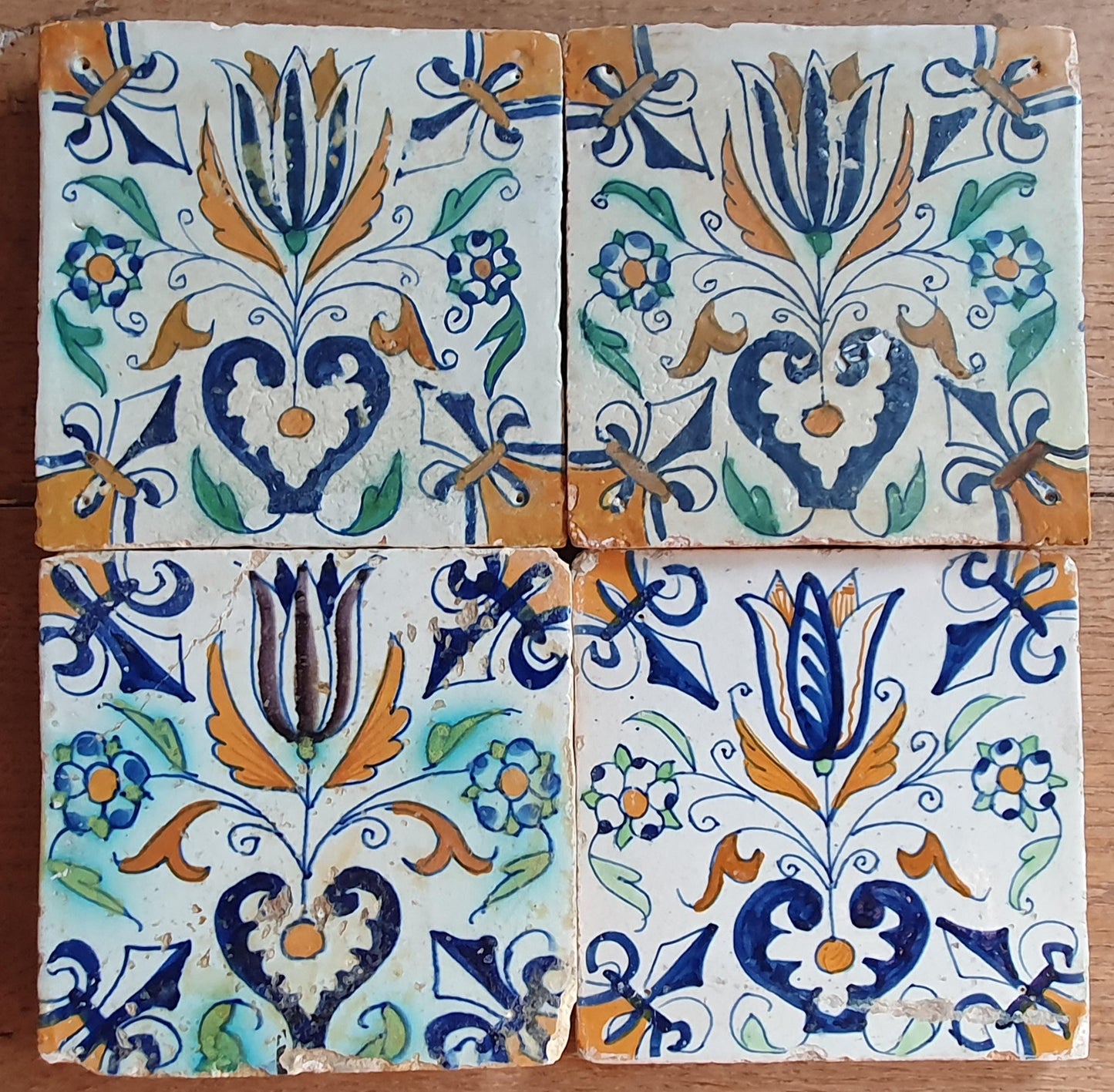 4 Antique Delft Tulip Tiles, Polychrome , c. 1640