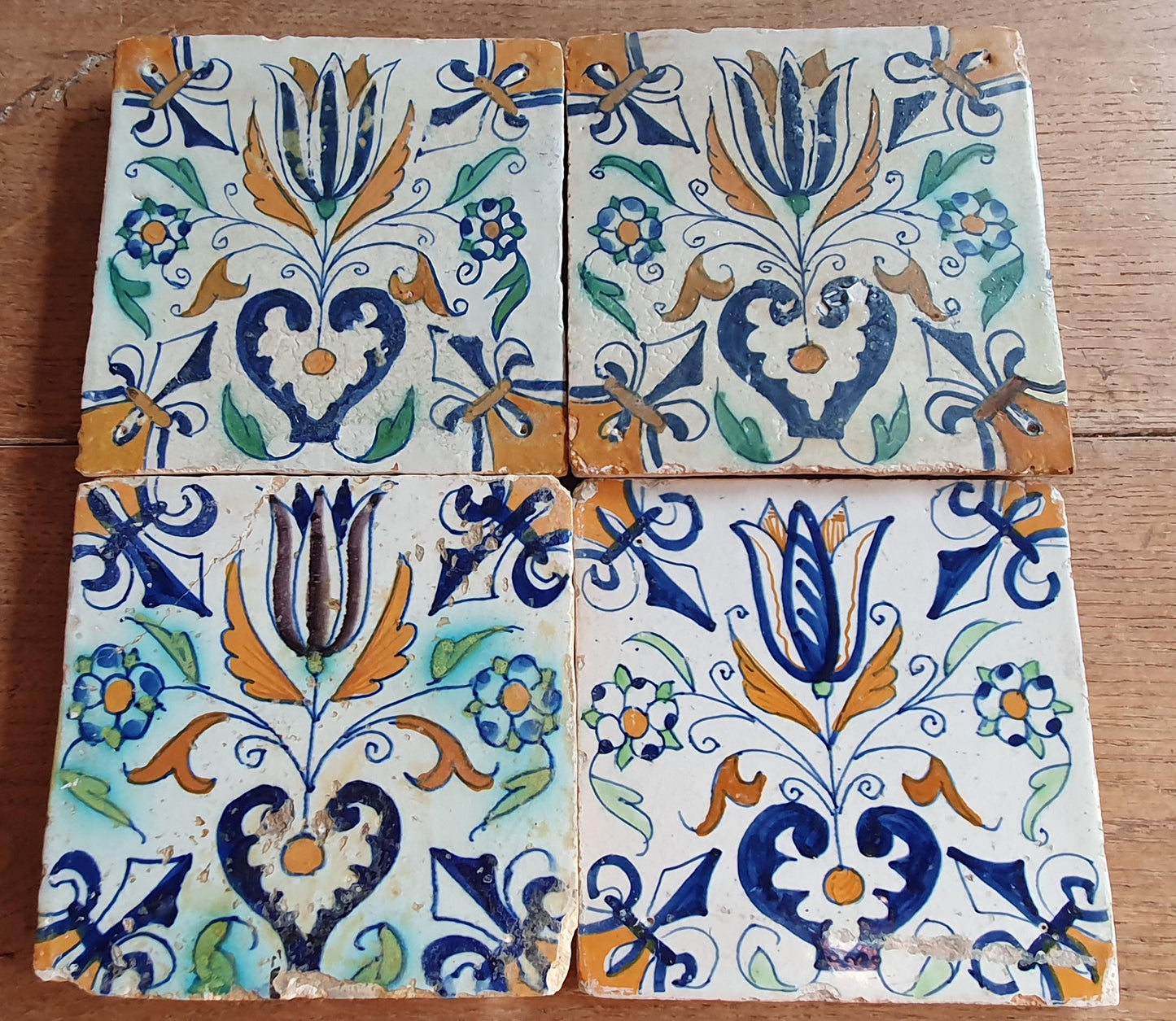 4 Antique Delft Tulip Tiles, Polychrome , c. 1640