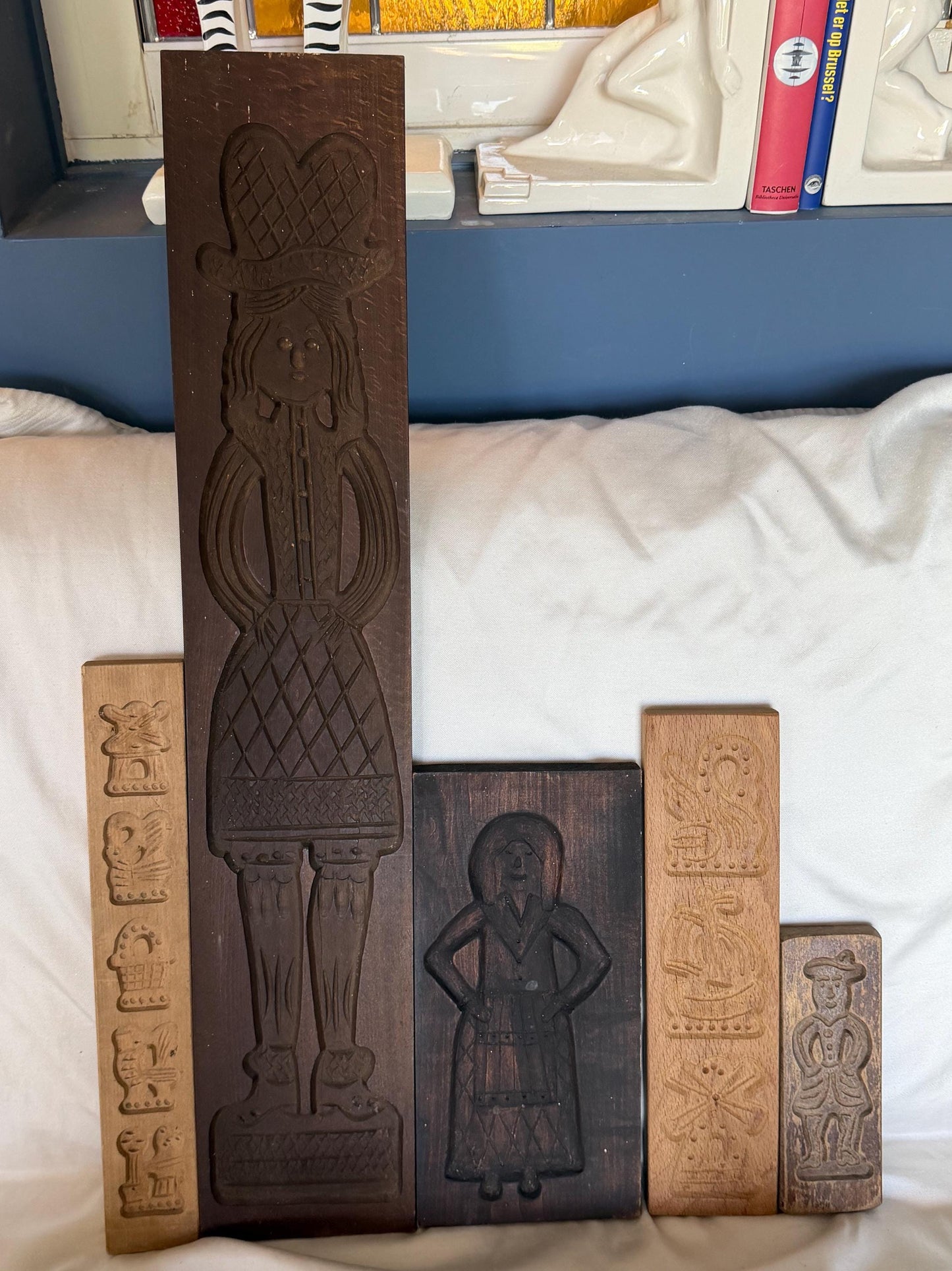 Antique Dutch Speculaas wood Cookie Mold Set wooden handcarved kitchen shelf, Antique holland Mold Set Hand-Carved Wooden baking cake Boards