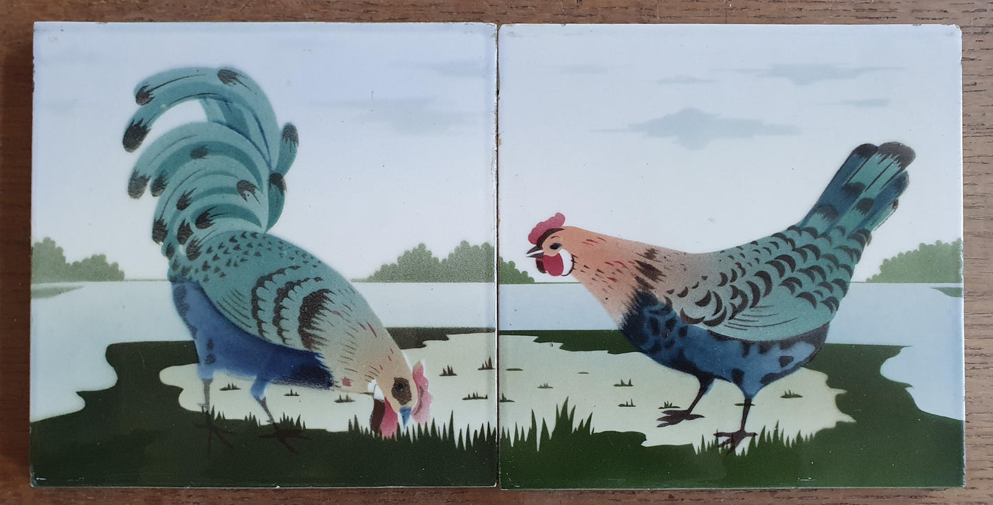 Set Antique German Tiles with a rooster and a hen, ca. 1900, art nouveau chicken ceramic