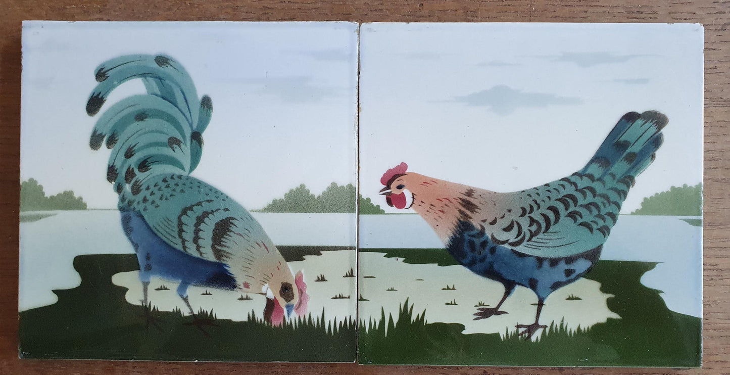 Set Antique German Tiles with a rooster and a hen, ca. 1900, art nouveau chicken ceramic