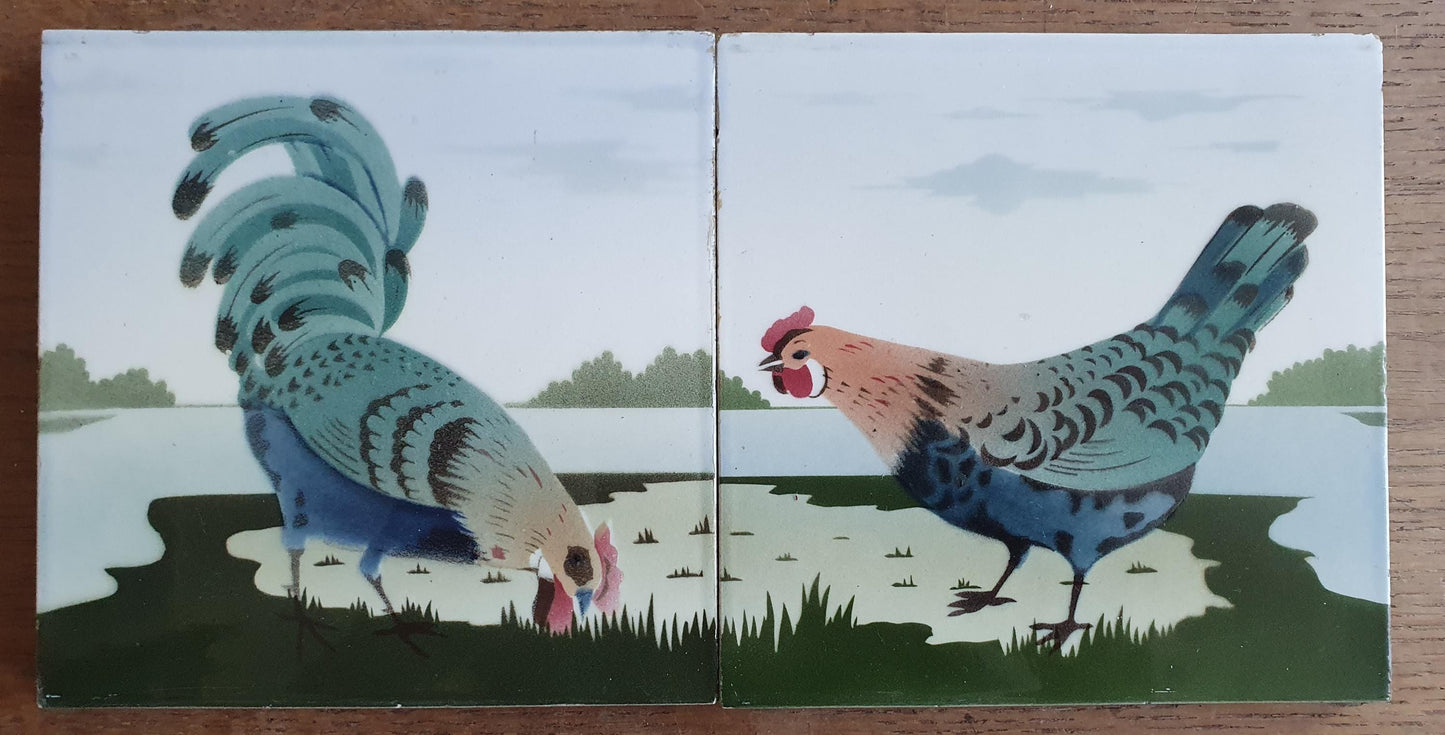 Set Antique German Tiles with a rooster and a hen, ca. 1900, art nouveau chicken ceramic