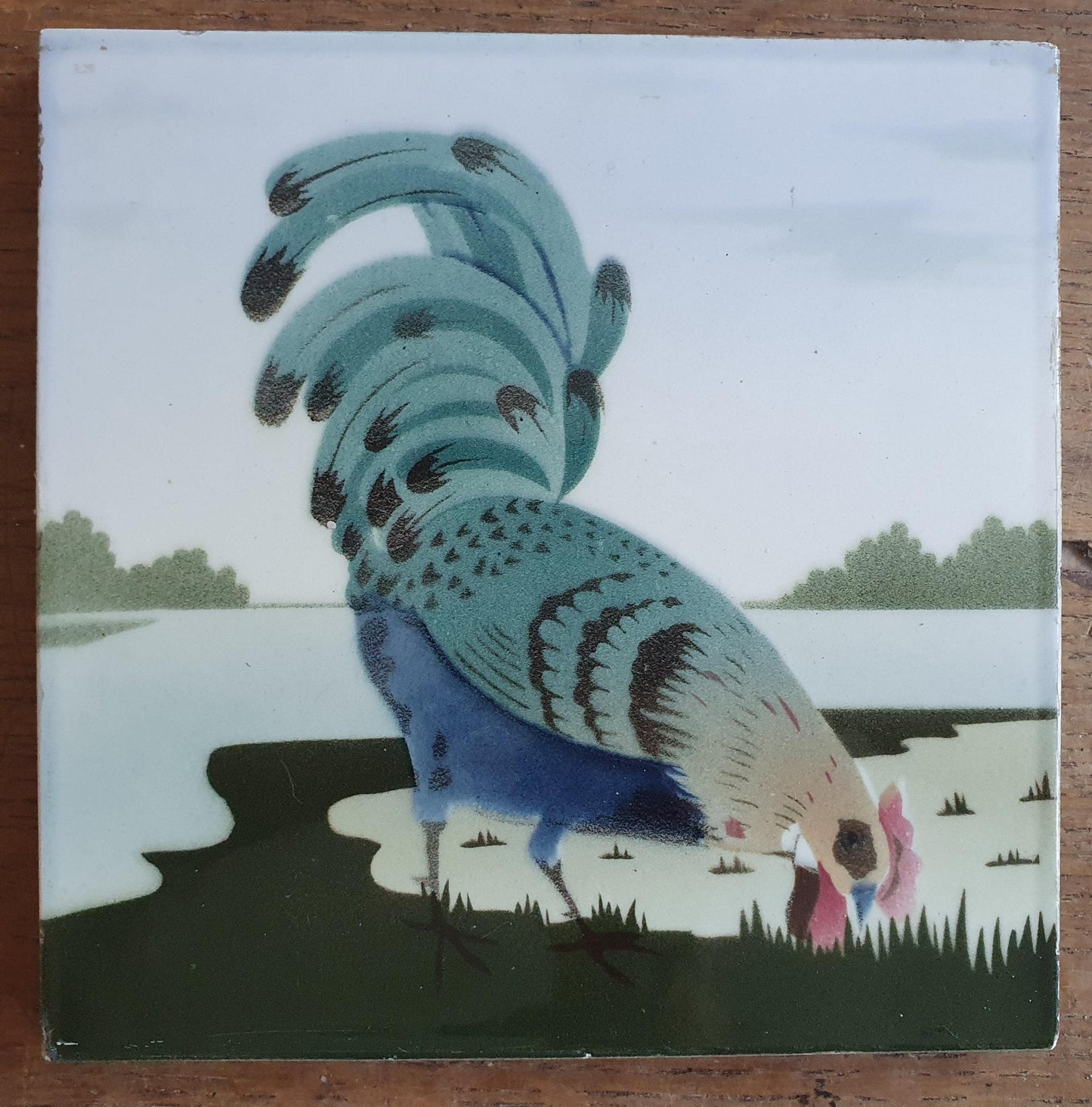 Set Antique German Tiles with a rooster and a hen, ca. 1900, art nouveau chicken ceramic