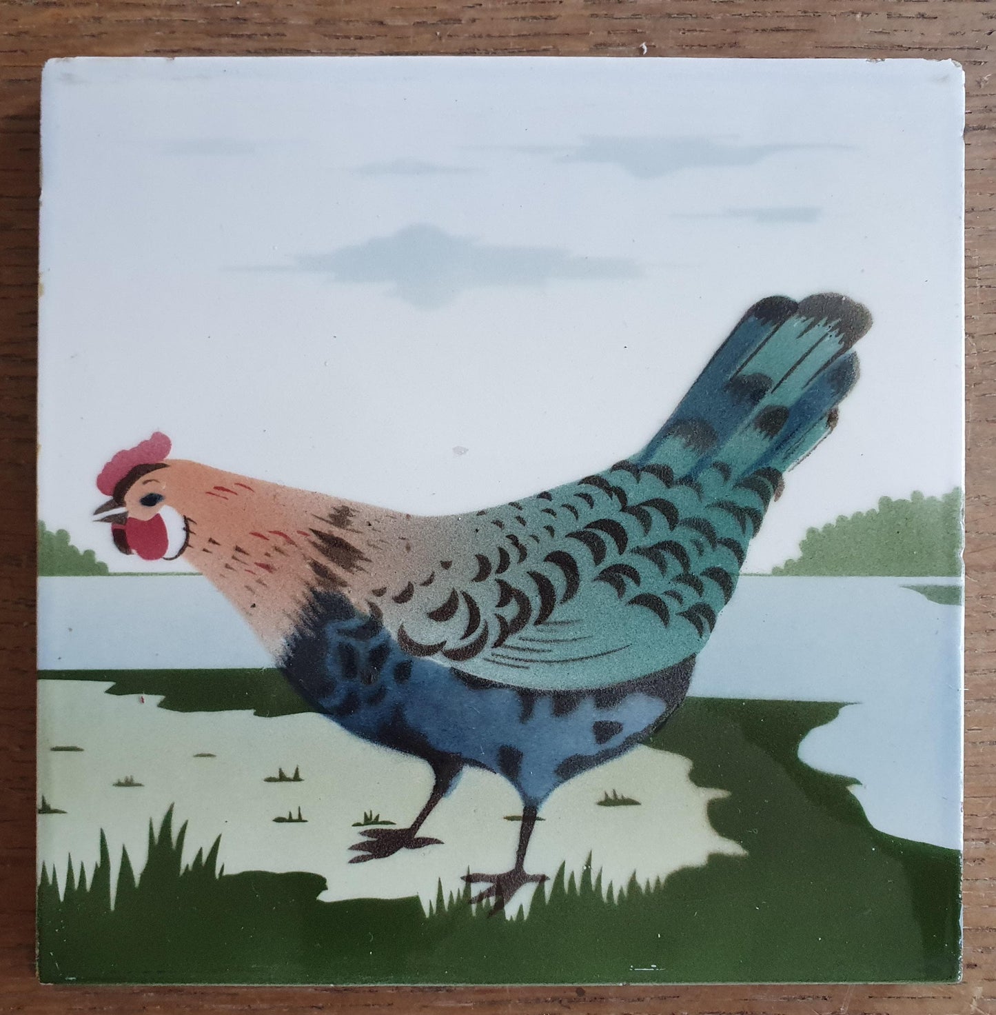 Set Antique German Tiles with a rooster and a hen, ca. 1900, art nouveau chicken ceramic