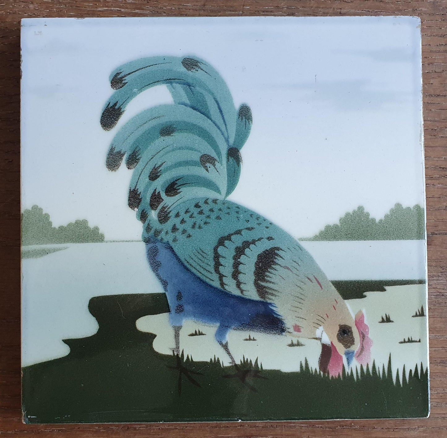 Set Antique German Tiles with a rooster and a hen, ca. 1900, art nouveau chicken ceramic