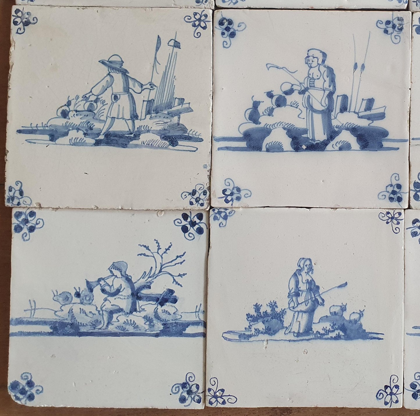 16 x Antique Delft Tiles, 18th Century Dutch Shepherd Scene landscapetile.