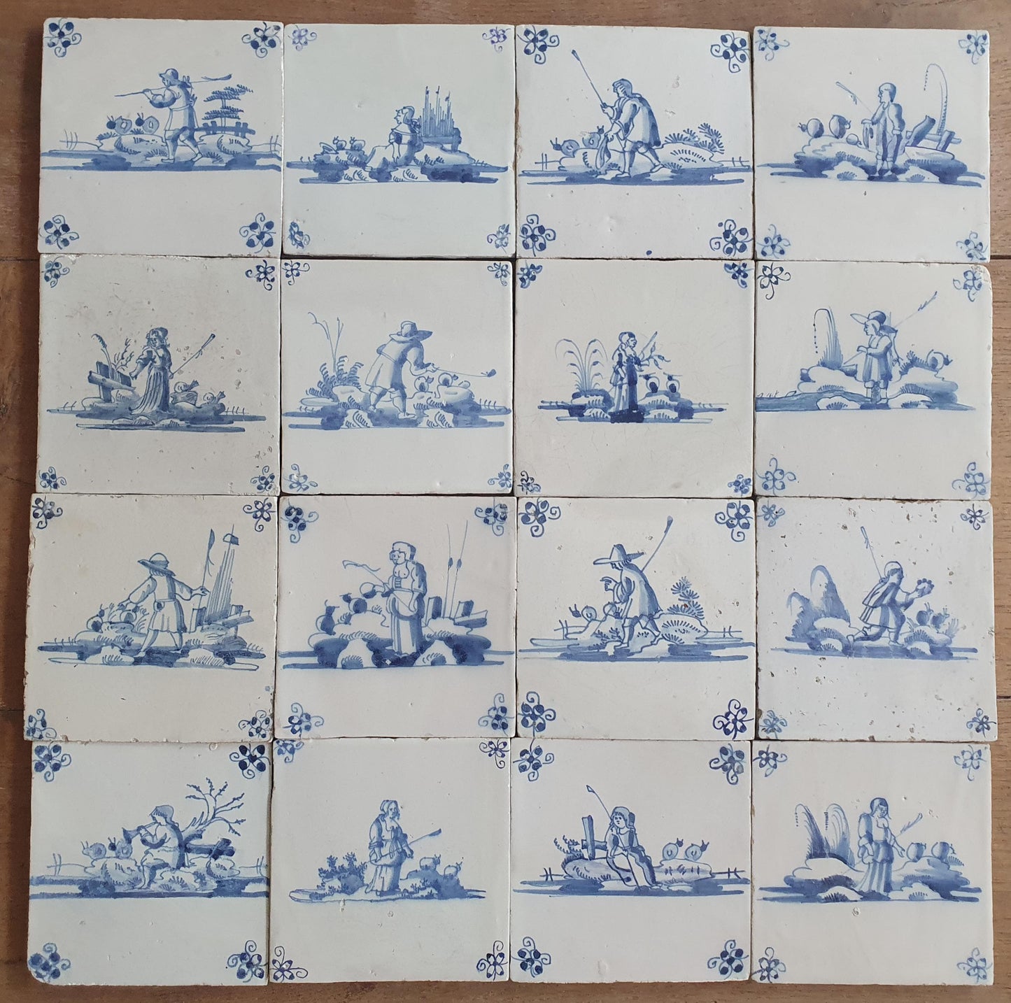 16 x Antique Delft Tiles, 18th Century Dutch Shepherd Scene landscapetile.