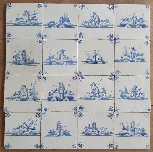 16 x Antique Delft Tiles, 18th Century Dutch Shepherd Scene landscapetile.