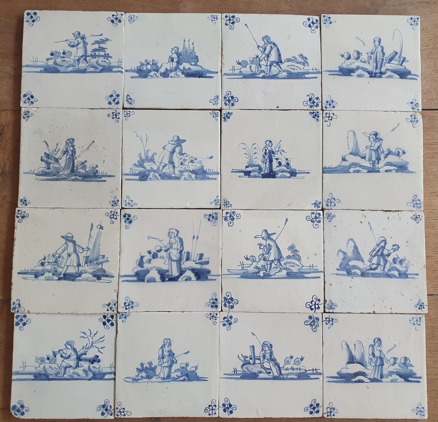 16 x Antique Delft Tiles, 18th Century Dutch Shepherd Scene landscapetile.