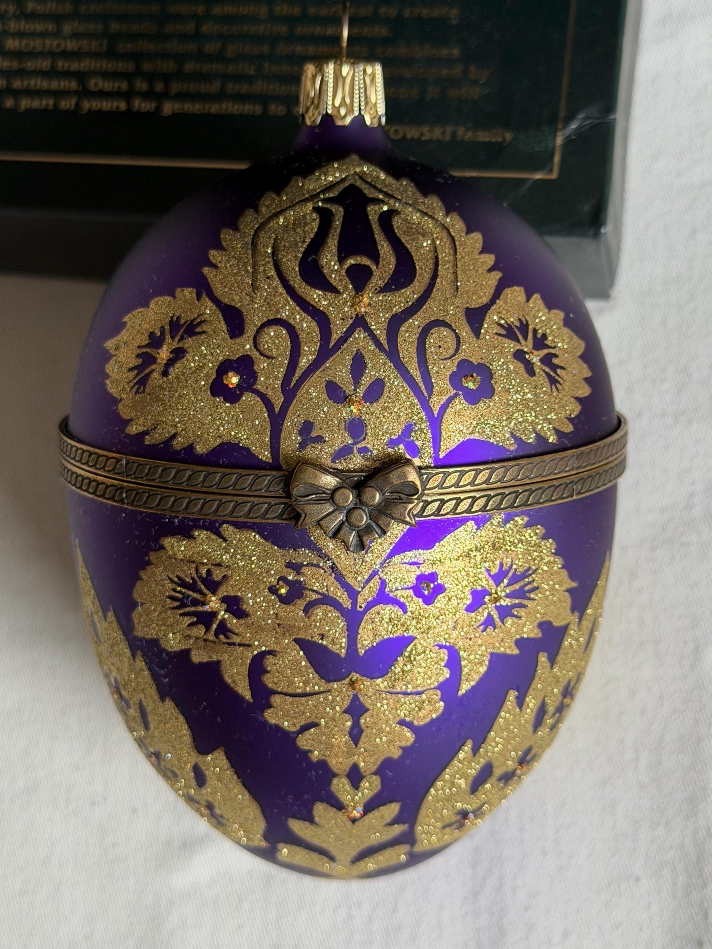 Komozja Mostowski XL Faberge egg Handcrafted Polish Glass Egg Ornament – Purple & Gold Christmas Keepsake Box, retired collectible faberge