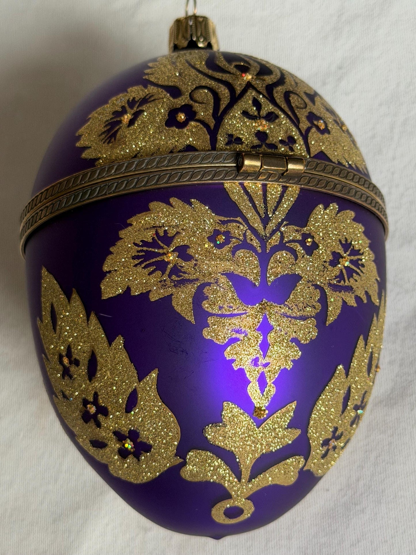 Komozja Mostowski XL Faberge egg Handcrafted Polish Glass Egg Ornament – Purple & Gold Christmas Keepsake Box, retired collectible faberge