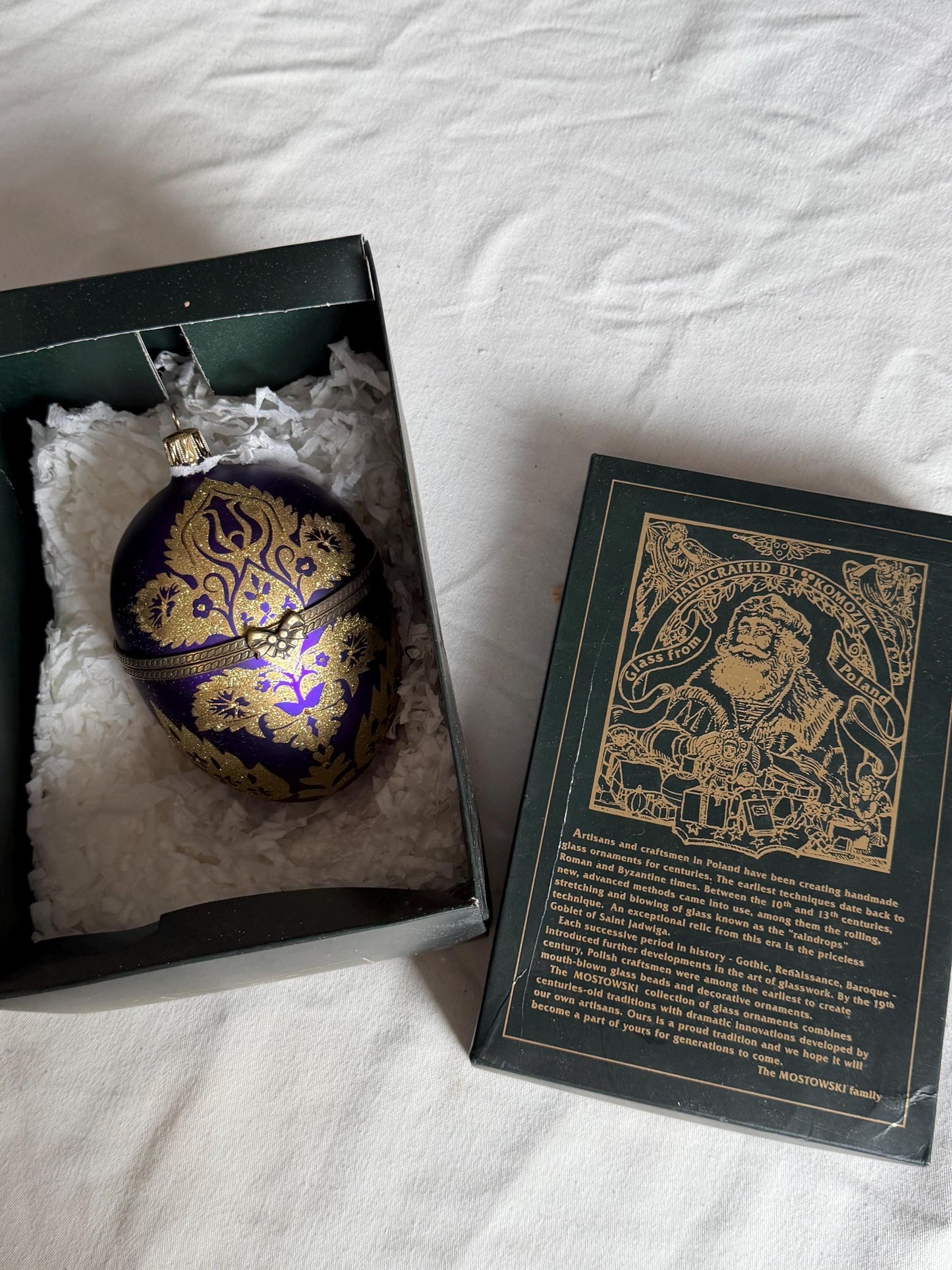 Komozja Mostowski XL Faberge egg Handcrafted Polish Glass Egg Ornament – Purple & Gold Christmas Keepsake Box, retired collectible faberge