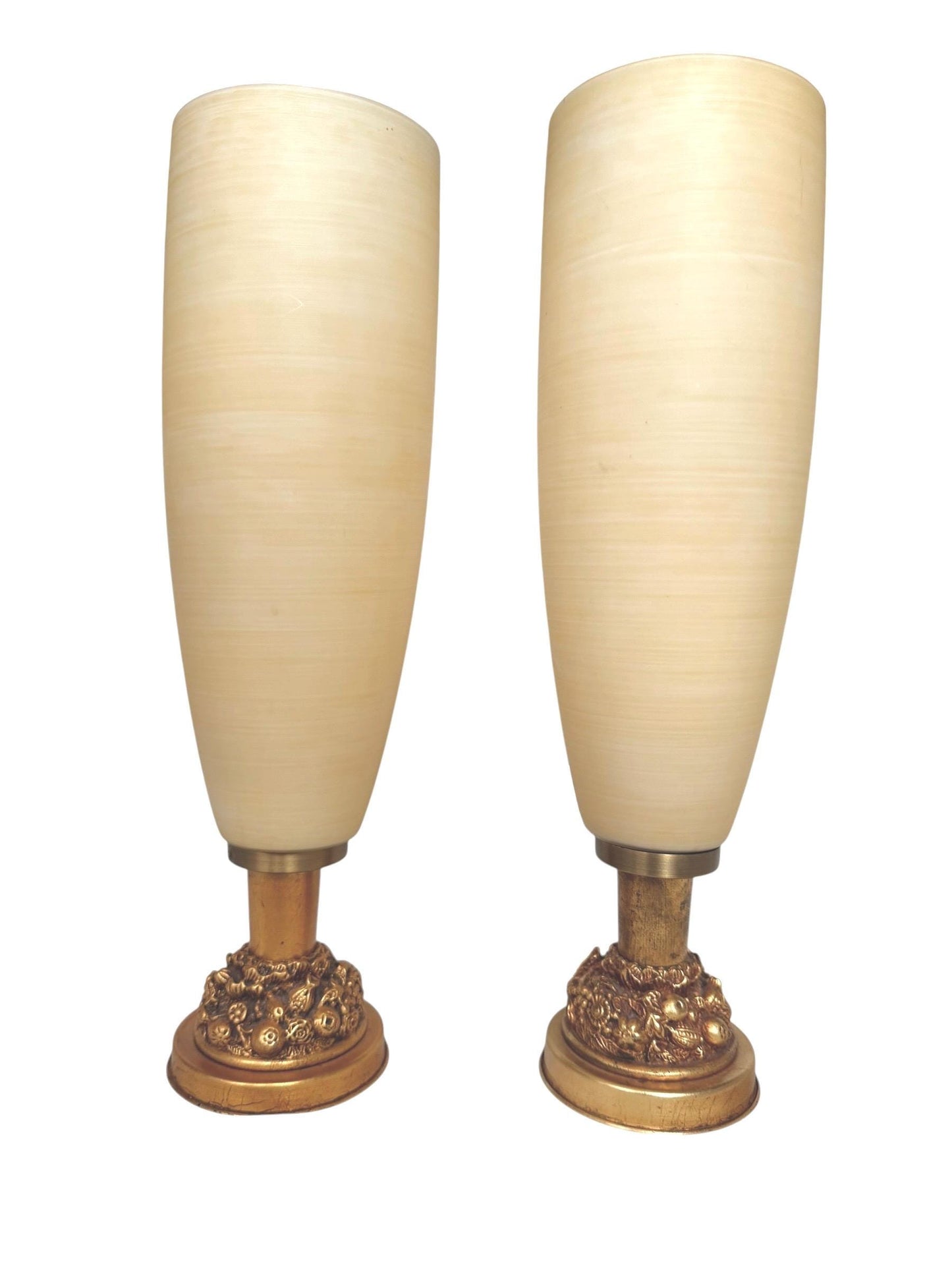 Pair of elegant tall Vintage Italian Hollywood Regency Table Lamps Frosted Glass Gilt Fruit Bases Mid Century Set tablelamps gold
