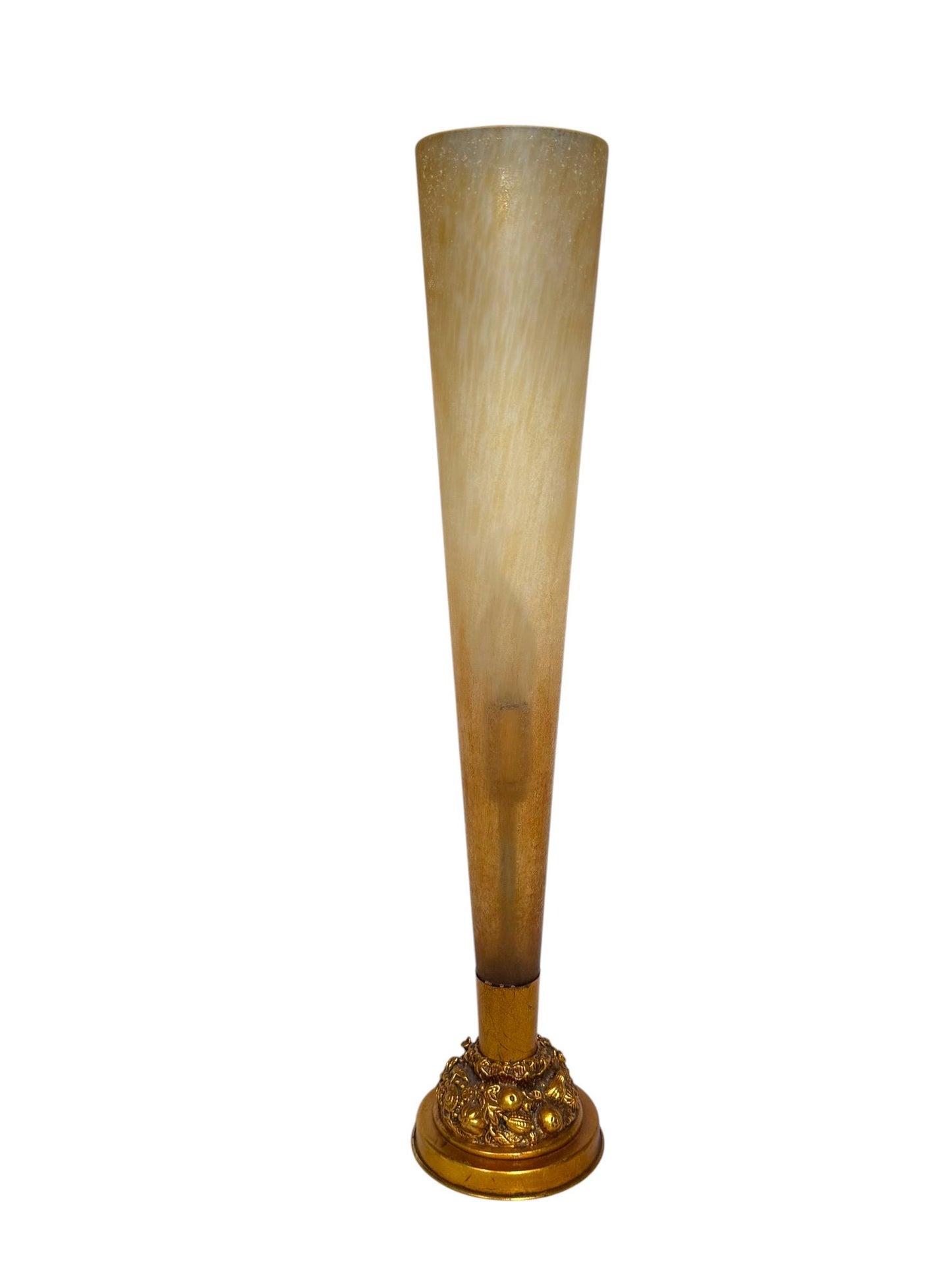 An elegant tall Vintage Italian Hollywood Regency Table Lamp Frosted Glass Gilt Fruit Base Mid Century  tablelamp goldausema lights