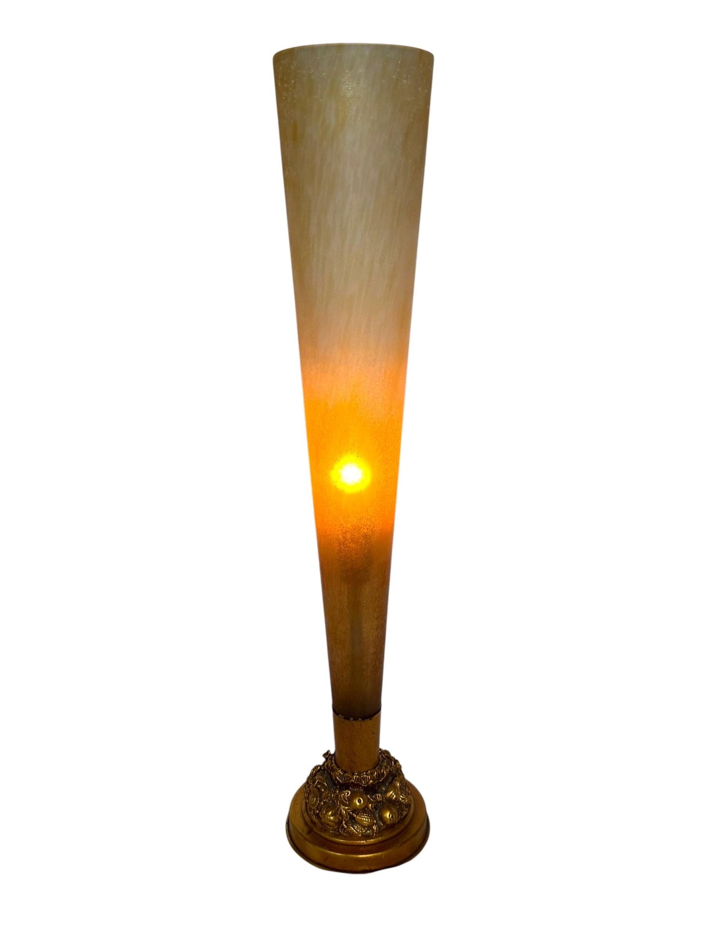 An elegant tall Vintage Italian Hollywood Regency Table Lamp Frosted Glass Gilt Fruit Base Mid Century  tablelamp goldausema lights