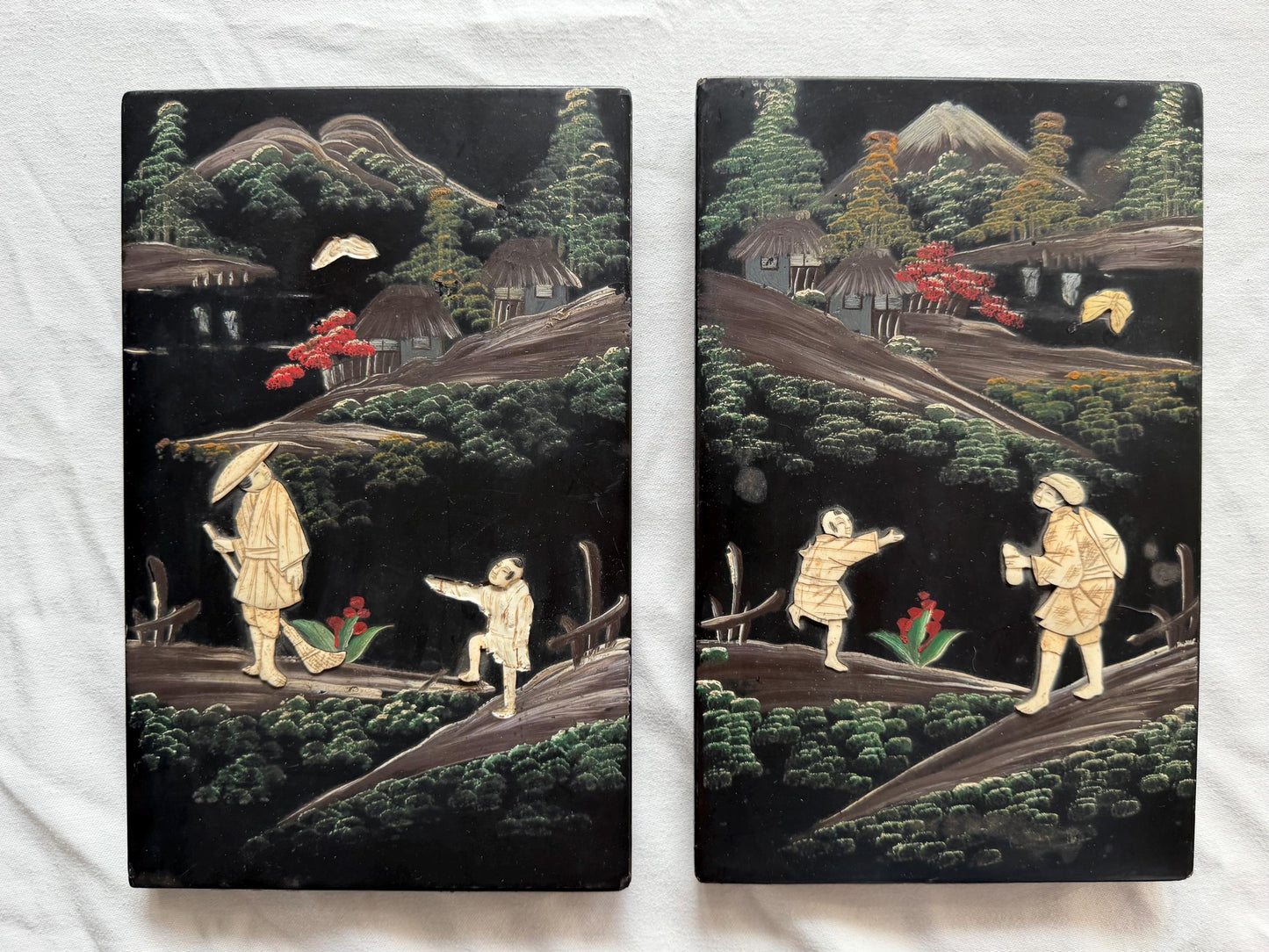 Ser of 19th Century Japanese Lacquer Panels – with Inlay – Meiji Period, pair antique wood  carving japan