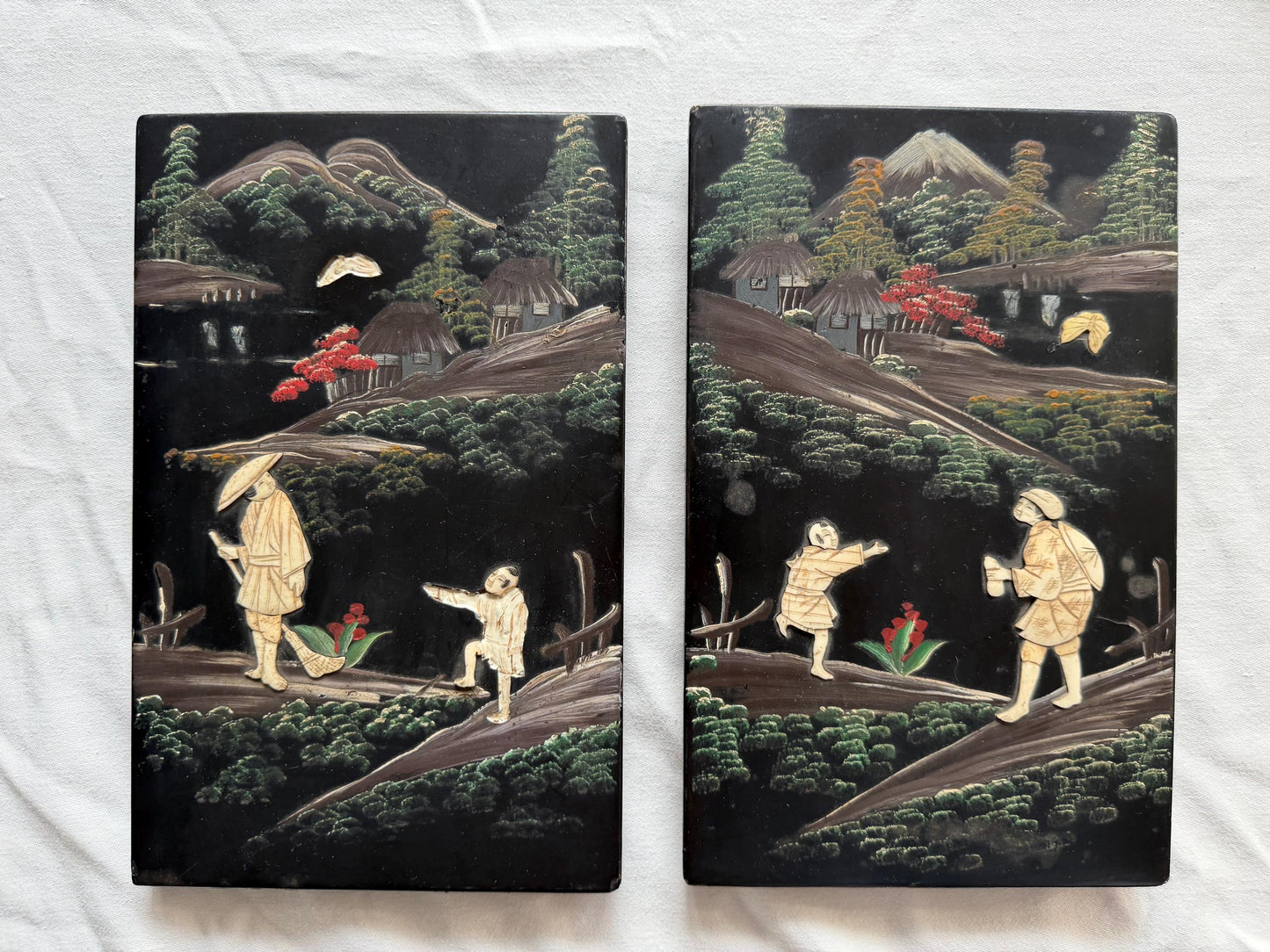 Ser of 19th Century Japanese Lacquer Panels – with Inlay – Meiji Period, pair antique wood  carving japan