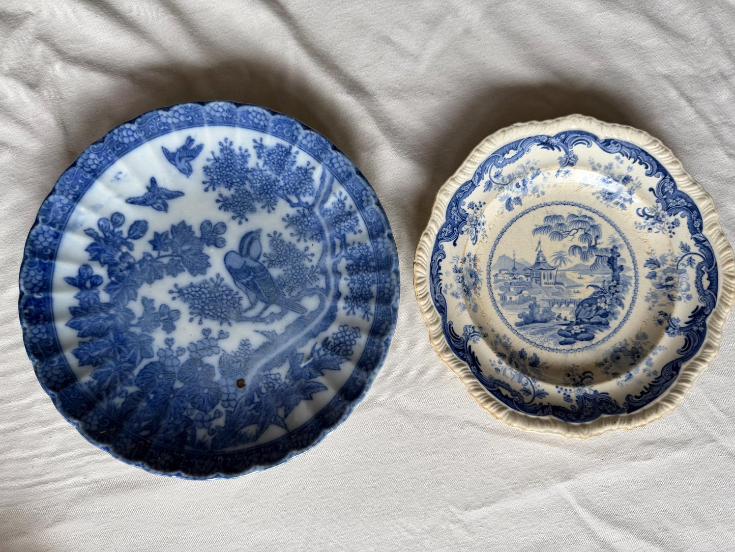 19th Century Blue and White set Plates – I V. Minden – Landscape Scene plus second japanese meiji plate with bird
