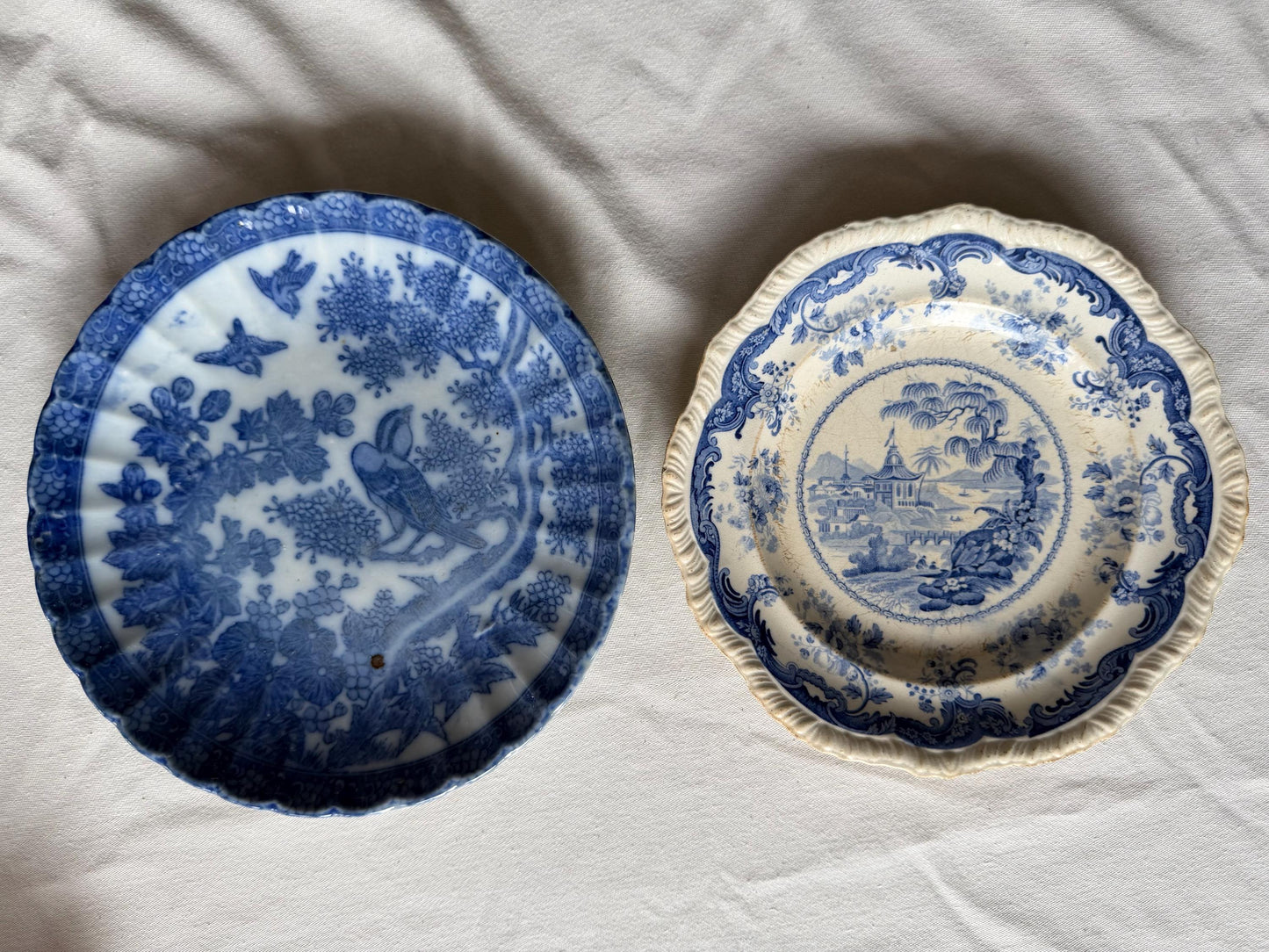 19th Century Blue and White set Plates – I V. Minden – Landscape Scene plus second japanese meiji plate with bird