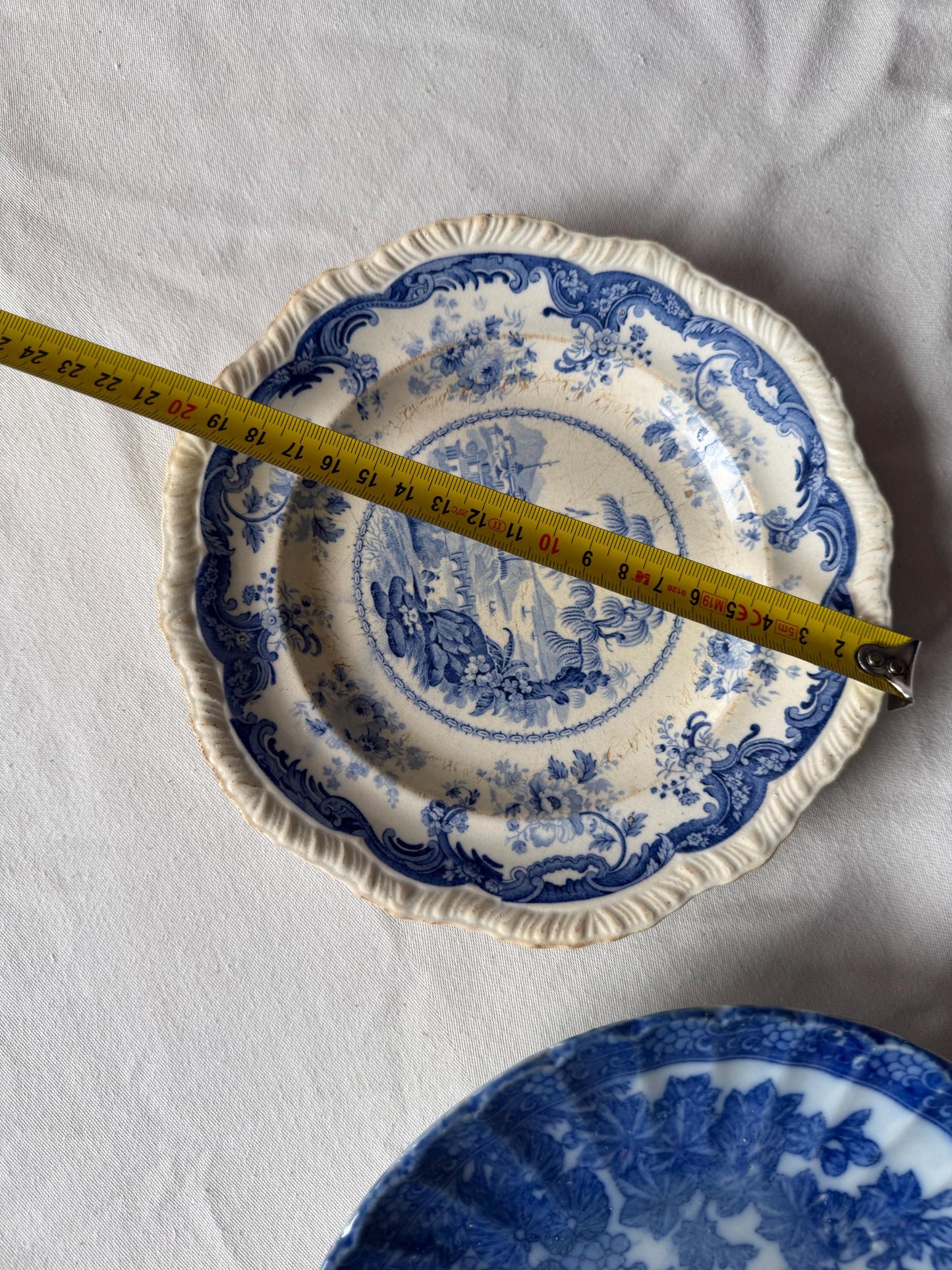 19th Century Blue and White set Plates – I V. Minden – Landscape Scene plus second japanese meiji plate with bird