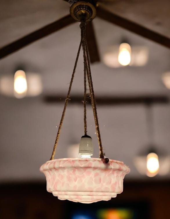 Art deco ceiling Lamp with rose marbled Opaline Glass, Netherlands, c. 1930  Ceiling lamp hanging , rope ausema lights